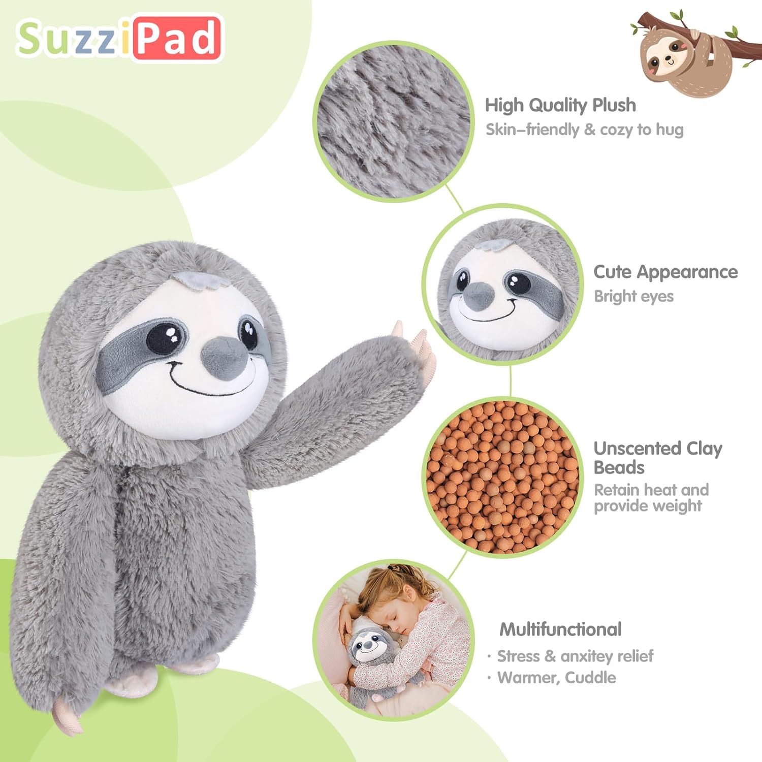 SUZZIPAD Microwavable Stuffed Animal, Heated Sloth Plush for Anxiety, Bedtime, Cuddle & Companion, Soreness & Stress Relief, Warmer Plueshies, Microwave Heating Pad, Gifts for Women, Gray - Image 2