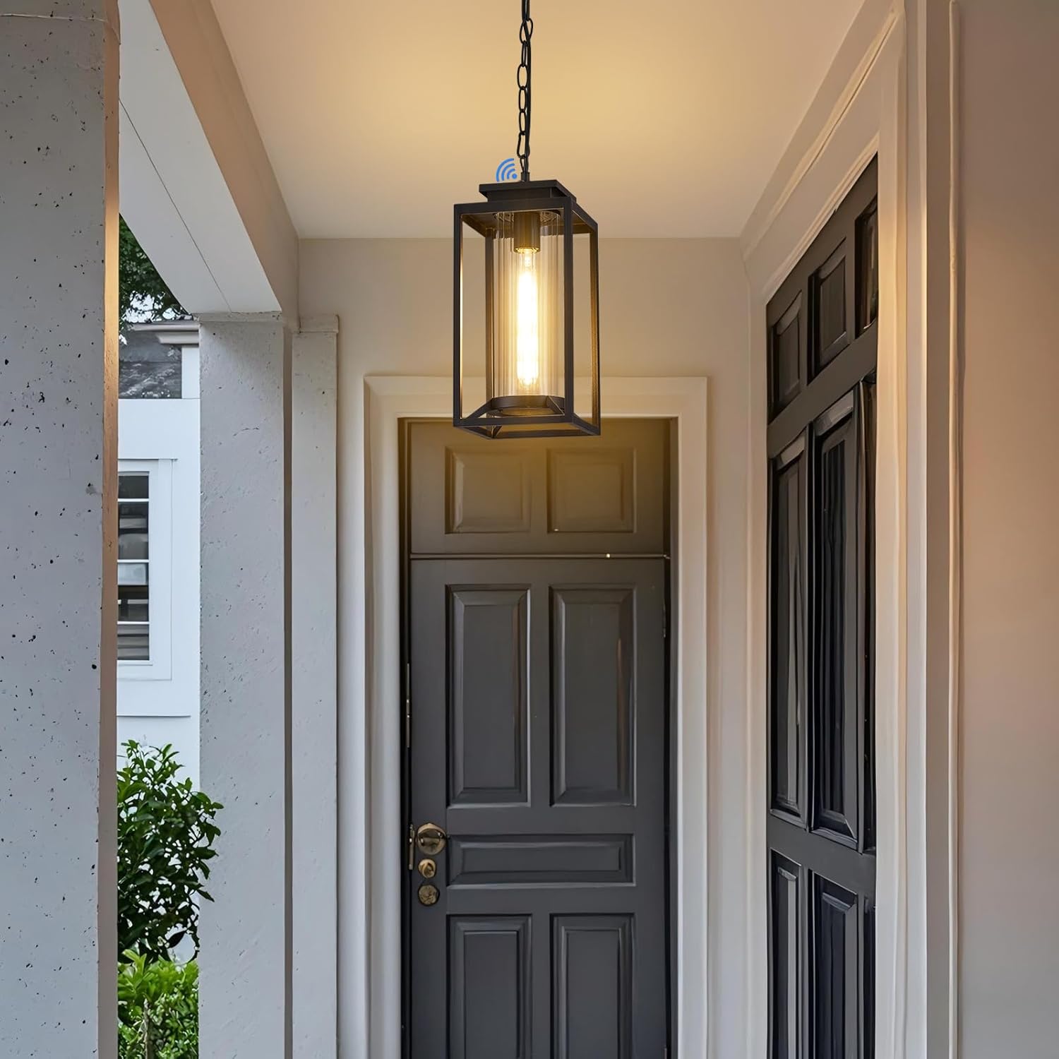 Outdoor Pendant Light, 14" Large Dusk to Dawn Outdoor Chandelier Lantern with Sensor, Black Modern Exterior Hanging Porch Light with Cylinder Glass, Adjustable Long Chain, OS-KY1002