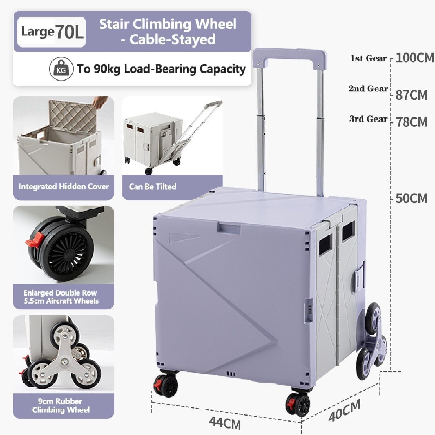 Mobile Tool Trolley Foldable Multi-Functional Trolley Equipped with Stair Climbing Wheels and Telescopic Handle(Purple)