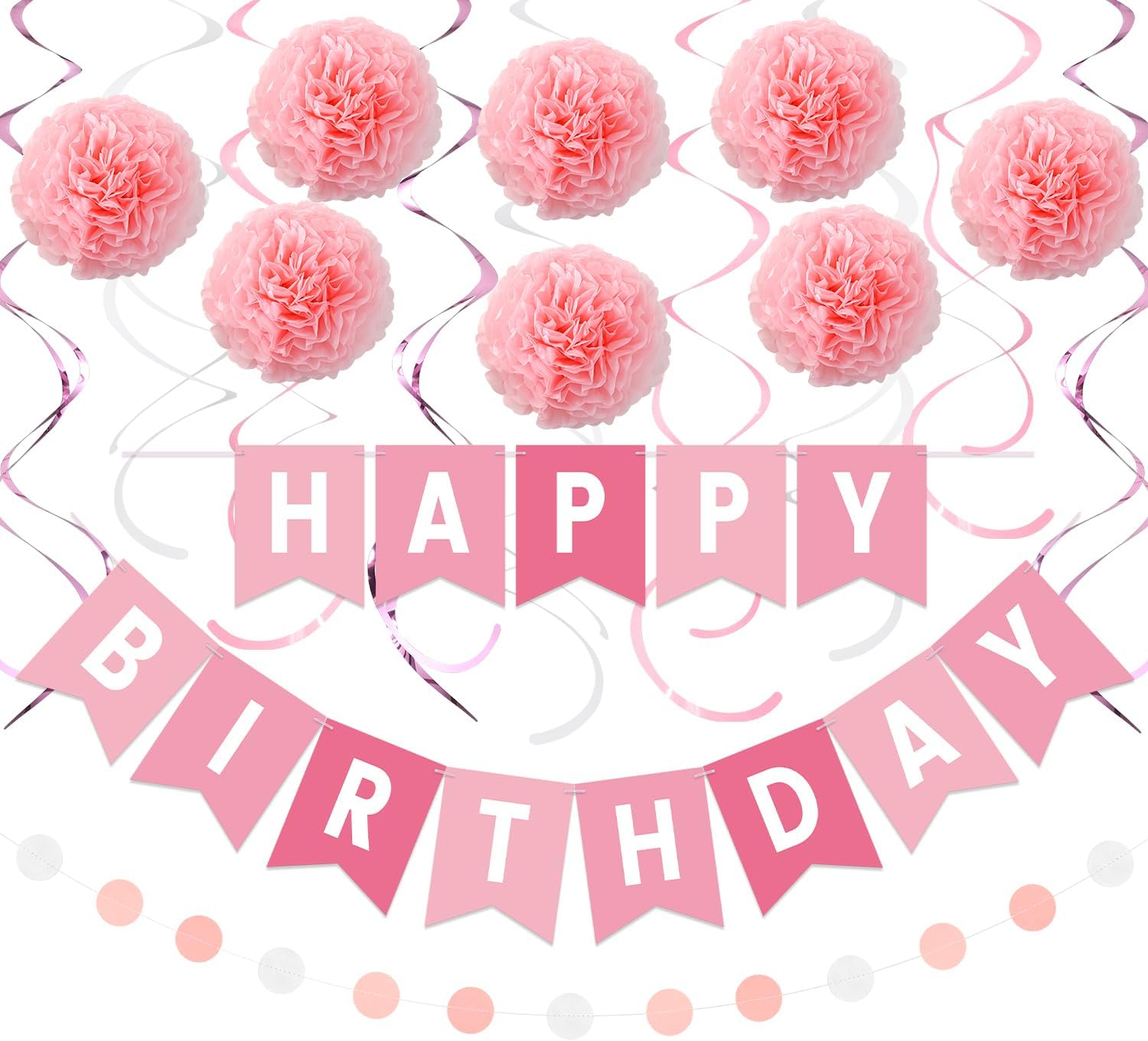 LITAUS, Pink Birthday Decorations | Pink Happy Birthday Banner, Tissue Paper, Swirls, Garland | Birthday Decorations for Women, Girls | Happy Birthday Decorations | Pink Birthday Party Decorations