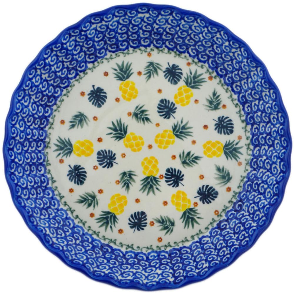 Authentic Polish Pottery Fluted Pie Dish in Pineapple Parade Design Handmade in Boles?awiec Poland by Ceramika Bona + Certificate of Authenticity