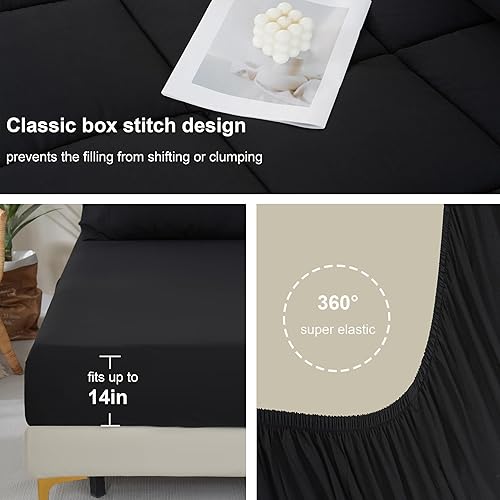 Miniatura 4 de DOWNCOOL Juego de edredón de tamaño King, 7 piezas, color negro, juego de edredón alternativo para todas las estaciones con edredón, sábana