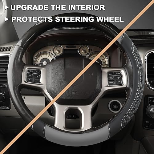 Miniatura 5 de GIANT PANDA Cubierta del volante del coche para RAM 1500 2500 3500, compatible con Dodge RAM 15.5-16 pulgadas - Negro+Gris