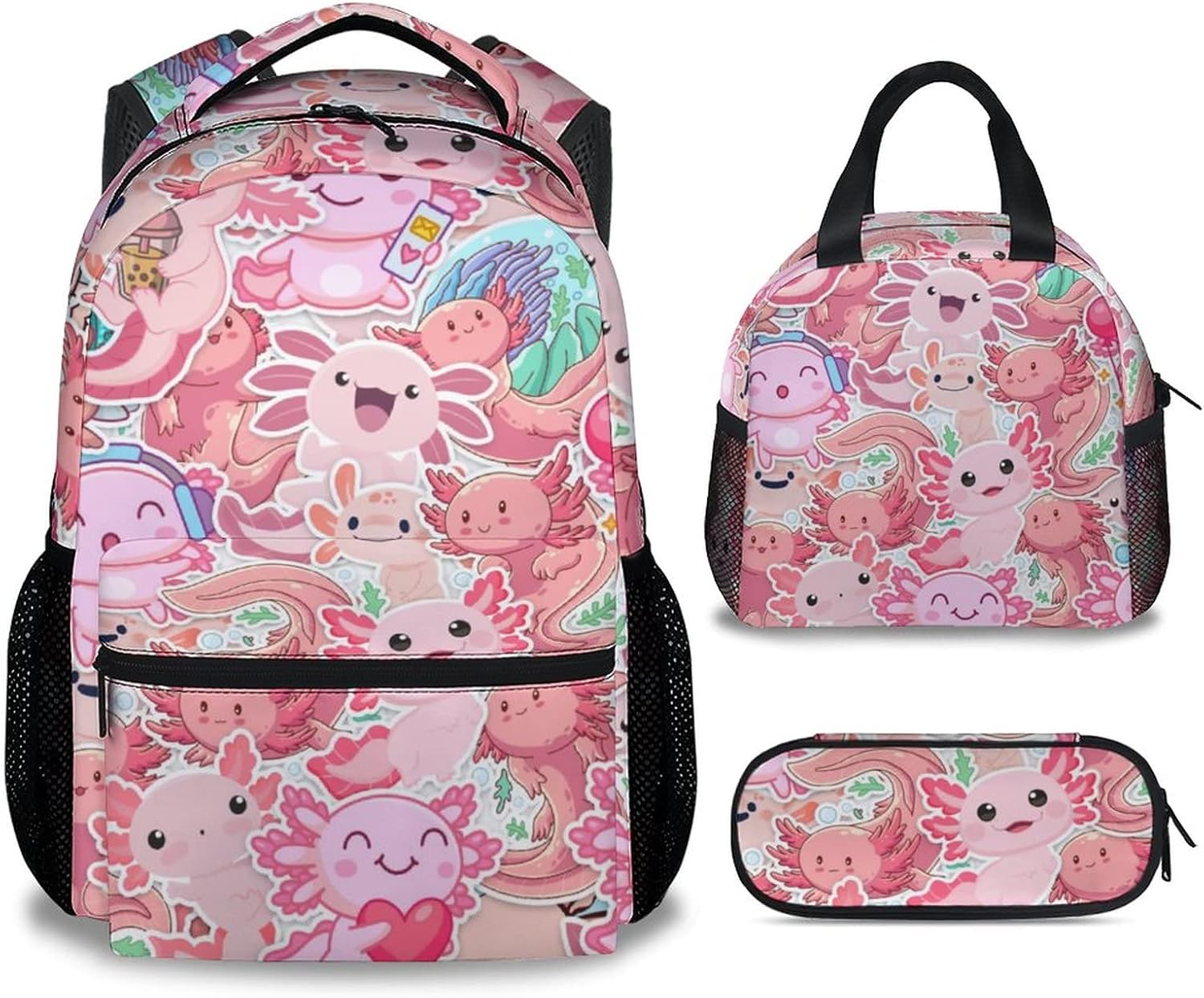 ZPINXIGN Axolotl Backpack Set For Girls | 3-Piece School Bookbag With Lunch Box & Pencil Case | Ages 6-8-784993