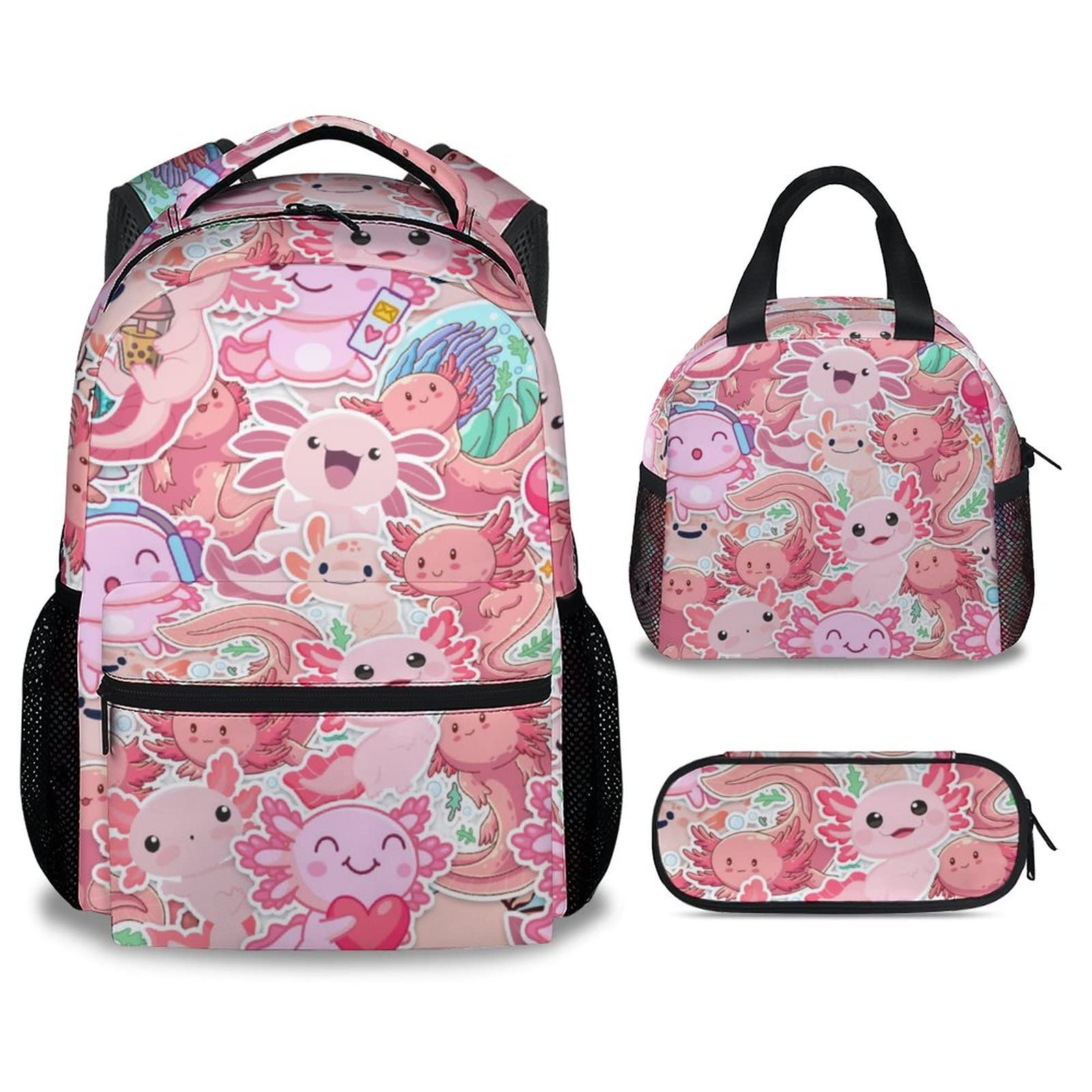 COOPASIA Axolotl Backpack with Lunch Box And Pencil Case, 16 Inch Axolotl Theme Bookbag with Adjustable Straps, Durable, Lightweight, Large Capacity, School Backpack for Girls Women