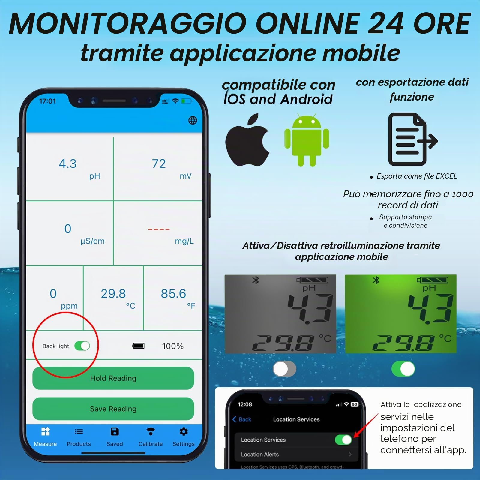 Tester di qualità dell'acqua intelligente: monitor galleggiante Bluetooth 6 in 1 per piscine, spa e colture idroponici - misurazione di pH, EC, ORP, cloro, salinità e temperatur