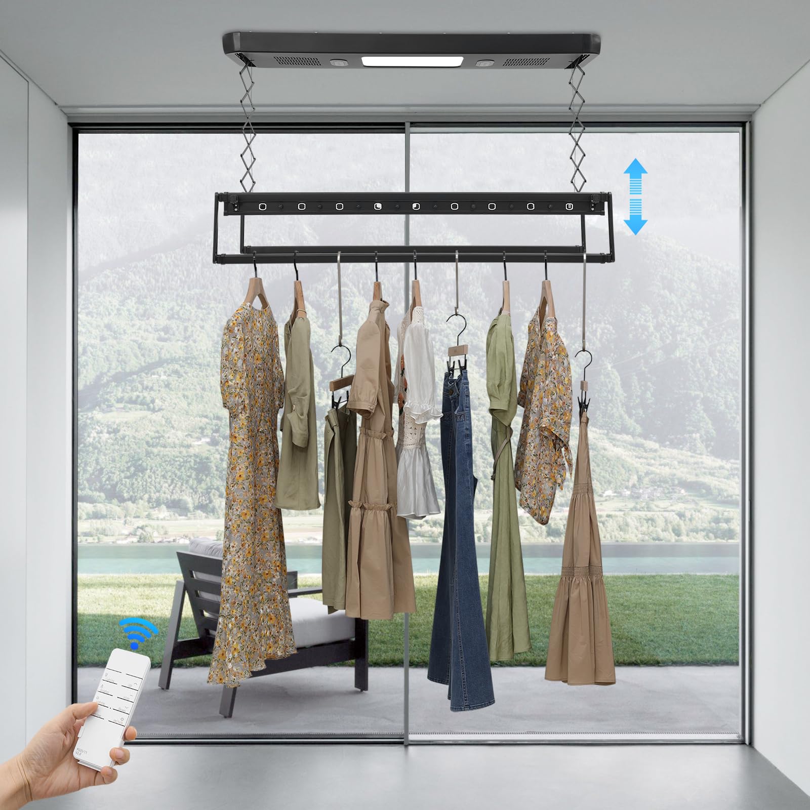 Stendibiancheria elettrica da soffitto con telecomando, luce LED, 130-215 cm, telescopico, portata 35 kg, con ventilatore asta telescopica, sterilizzabile, 220 V, per balcone (nero)