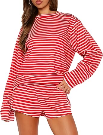 RUEWEY Women Striped Pajamas Set Crewneck Long Sleeve Loose Top Shorts Two Piece Lounge Sets