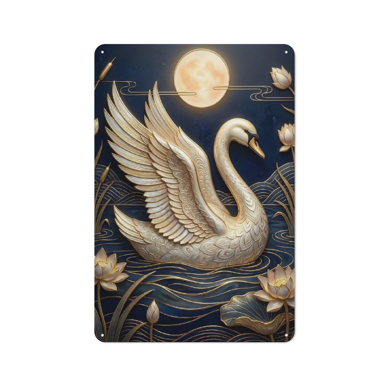 Junmoney Style-4 Golden Swan With Moon And Lotuses Rustic Printed Metal Sign 30X20cm For Garage Or Workshop, For Garage, Workshop And Man Cave Decoration