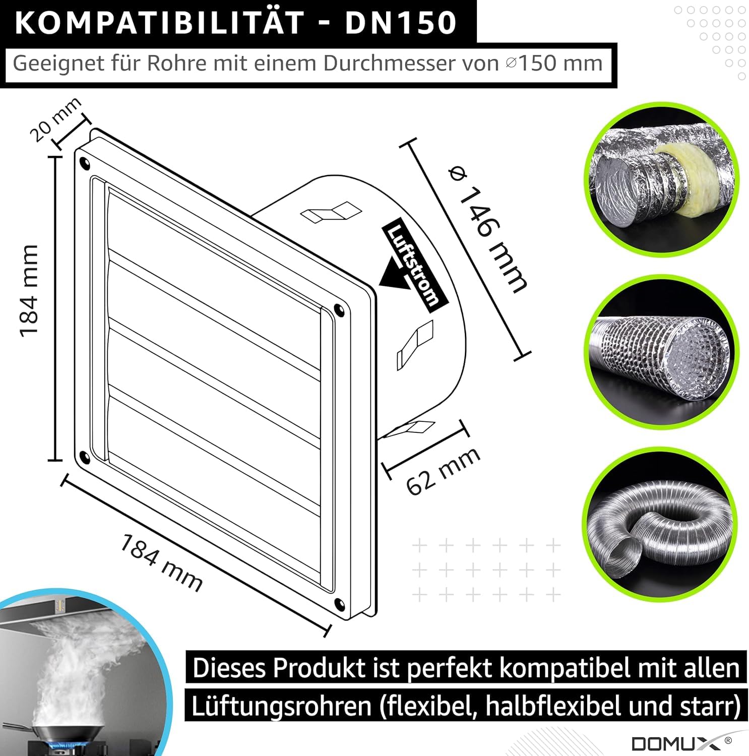 Edelstahl Lüftungsgitter 150mm für Dunstabzugshaube/Wäschetrockner - mit Insektenschutzgitter und Beweglichen Lamellen - Optimaler Luftstrom