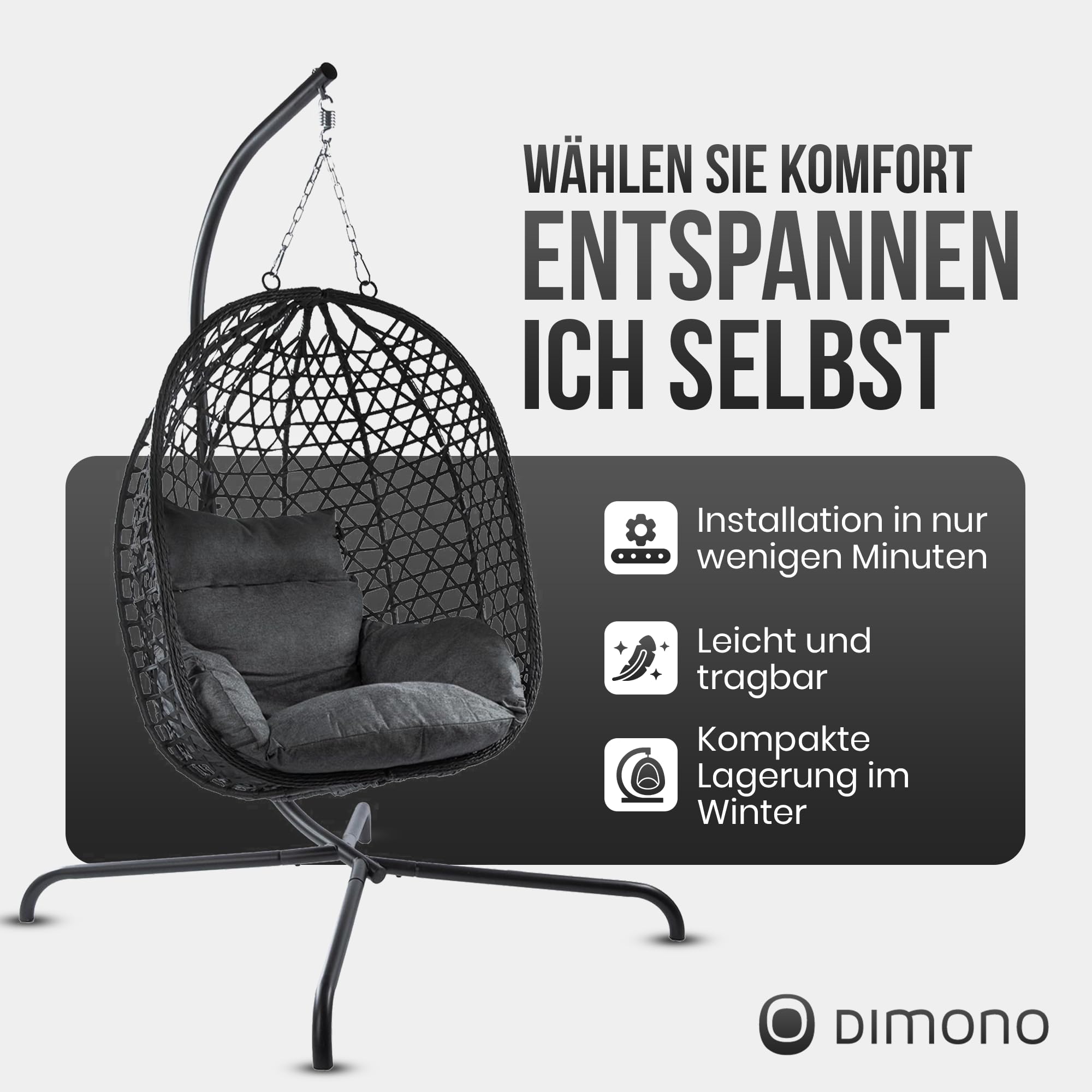 Hängesessel mit Gestell; Hängekorb Sessel; Schwebeliege Rattan Outdoor & Indoor Relax-Stuhl; Egg Schaukel ideal für Garten, Terasse, Kinderzimmer, Leseecke UVM. 120kg Tragkraft (Grau)