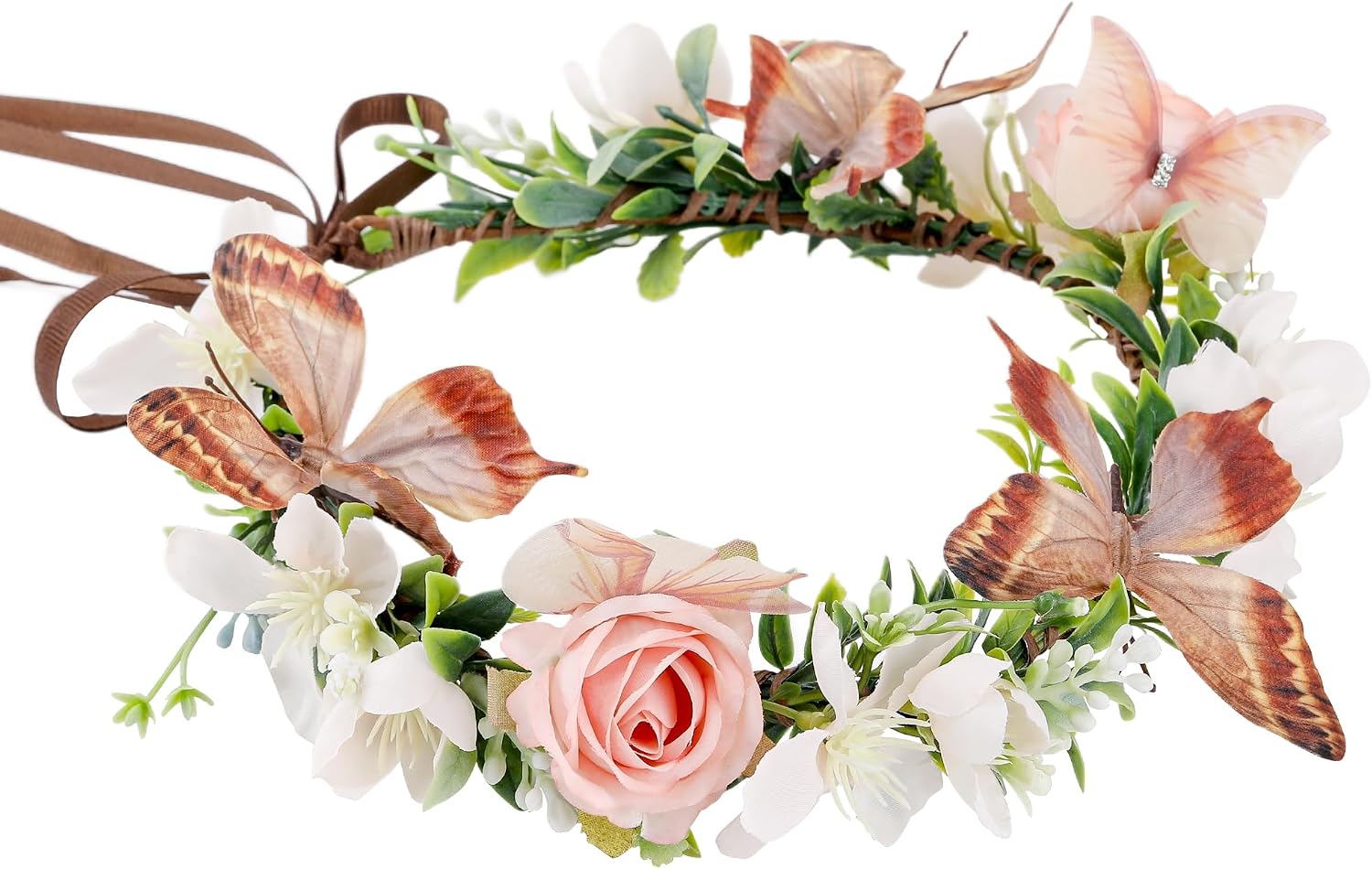 Fairy Butterfly Flower Crown - Rose Floral Headband Woodland Forest Headpiece for Women Girls Renaissance