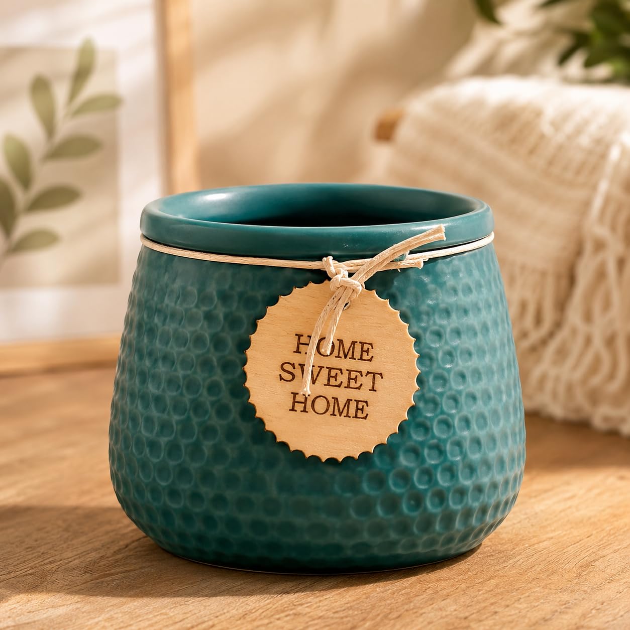 Plastic Flower Vase for Home Decor, Hobnail Textured Tabletop Decorative Vase with Wooden Tag & Twine, Small Round Pot for Artificial Flowers, Living Room, Bedroom, Office & Gift (Blue)-image-16