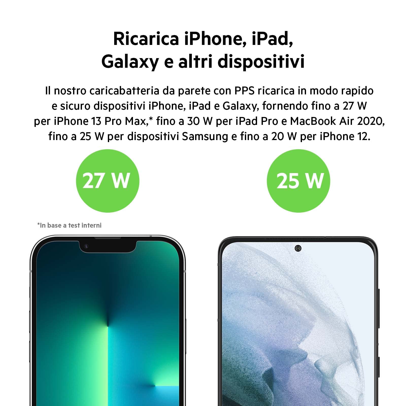 Belkin Caricabatteria da parete USB-C con PPS (30W) con cavo da USB-C a USB-C, certificato USB-IF, ricarica rapida PD 3.0, per iPhone 15, 14, Galaxy S23, S22, Plus, iPad, Tab S7, AirPods e MacBook Air