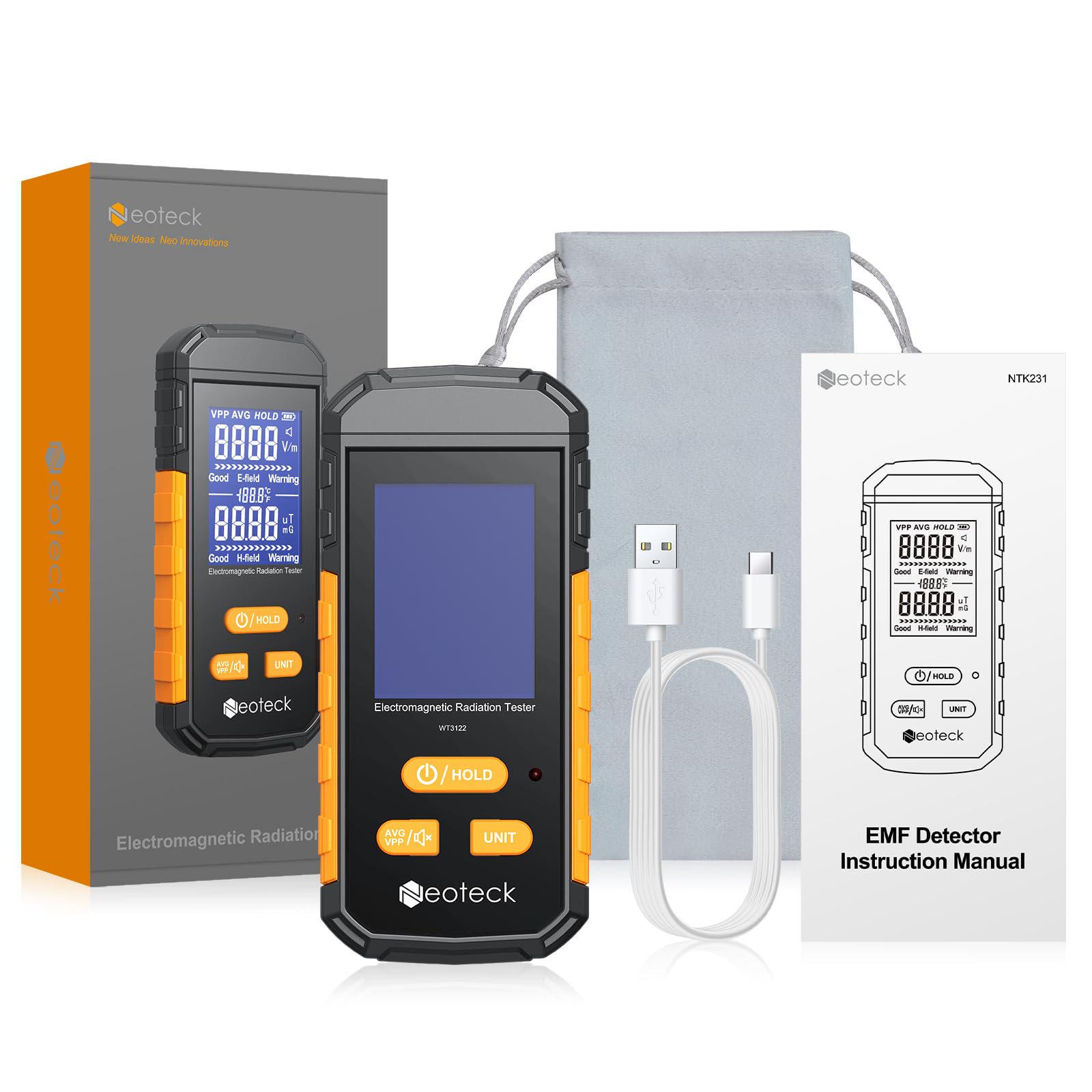 Neoteck Misuratore EMF 3-in-1 Rilevatore di Radiazioni Elettromagnetiche Ricaricabile con Schermo LCD Contatore di Radiazioni Allarme Acustico Campo Elettrico per Cucina Ufficio Fabbrica