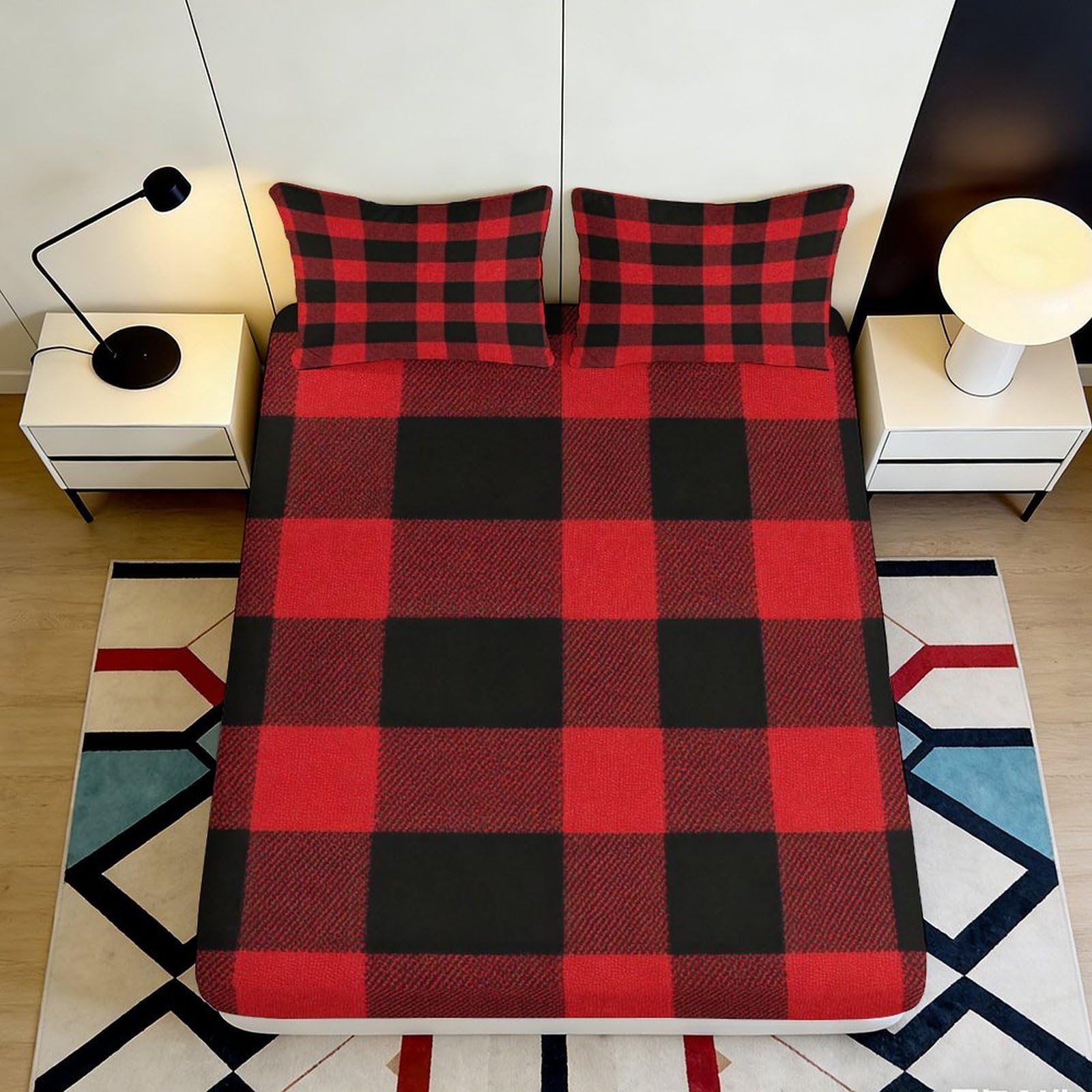 3D Printed Buffalo Plaid Fitted Sheet Microfiber Soft Red Black Check Bed Cover for Bedroom Dorm Easy Care 90x200x25cm