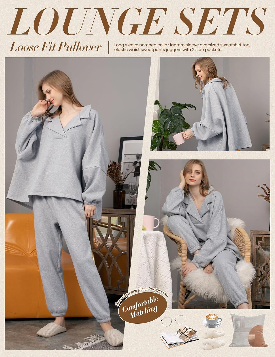 Gihuo Womens Lounge Set Cotton Pajama Set 2 Piece Outfits Oversized Sweatshirt Pants