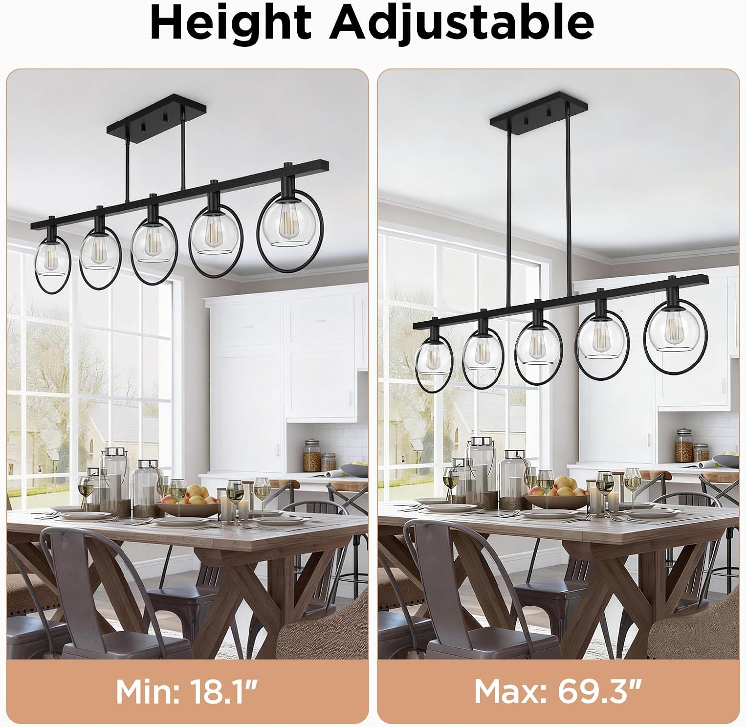 ropelux Dining Room Light Fixture, 5-Light Chandelier for Kitchen Island Over Table with E12 Socket(Bulb not Included), Black Rustic Hanging Pendant Light Fixtures with Clear Gray-Tinted Lampshade