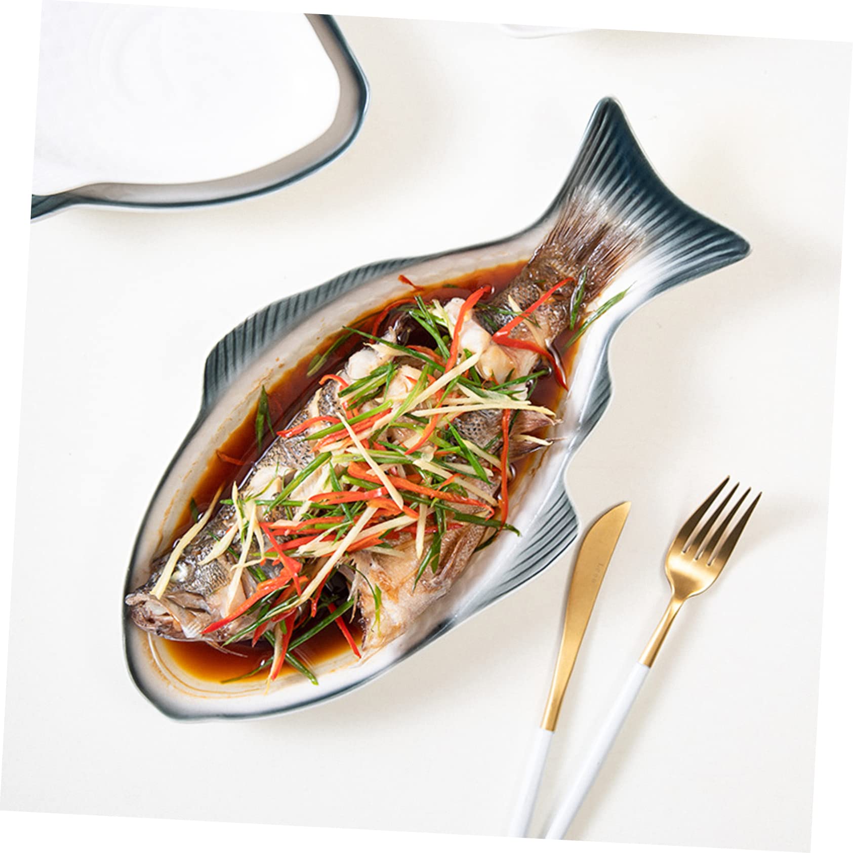 IMIKEYA Bandeja de Cerámica para Pescado al Vapor Diseño en Forma de Pez, Elegante y Delicada para Servir Aperitivos y Mariscos en Cenas