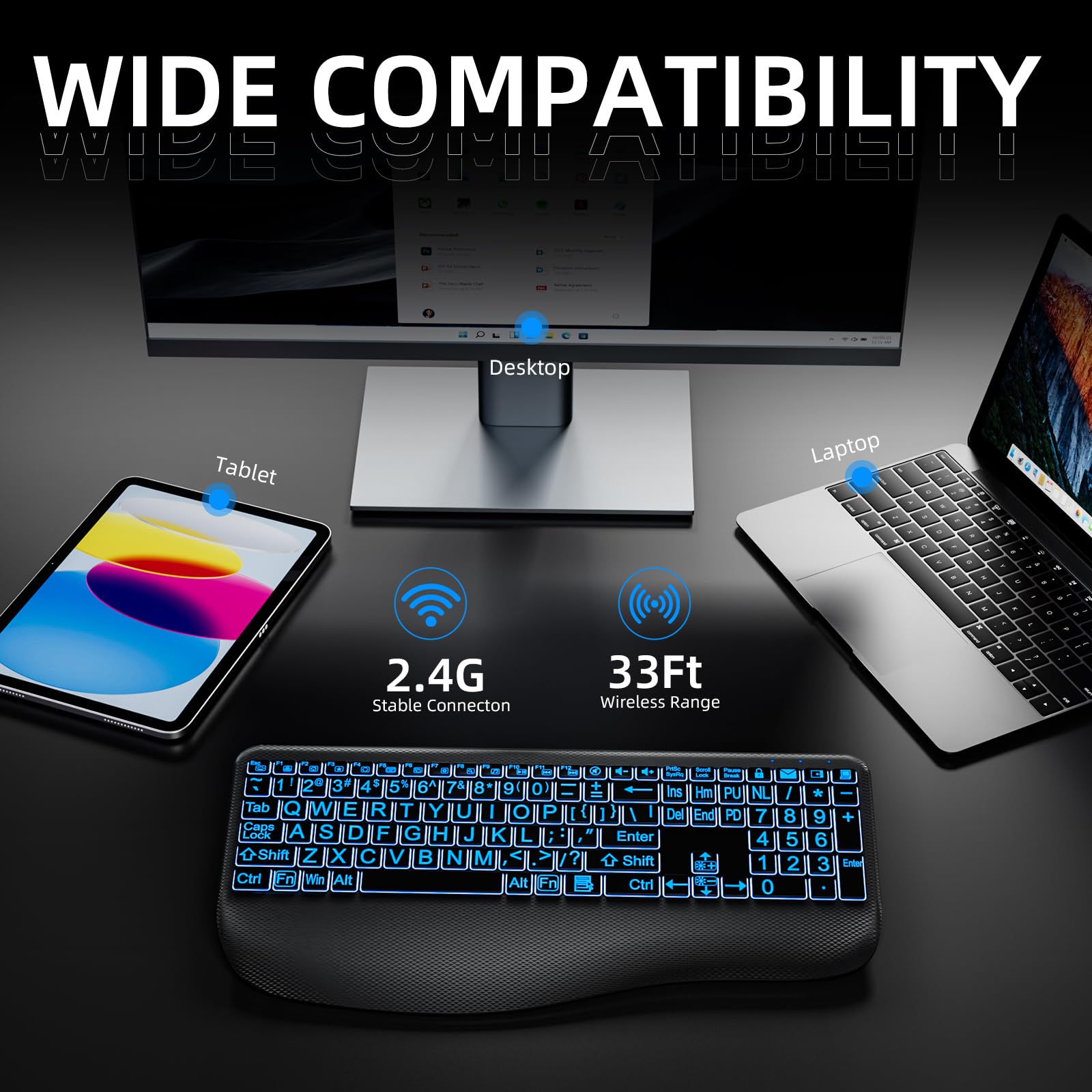 Tastiera wireless retroilluminata con stampa grande, tastiere silenziose con poggiapolsi, illuminazione a 7 colori, tasti silenziosi a basso profilo, tastiera wireless ricaricabile da 2,4 G per