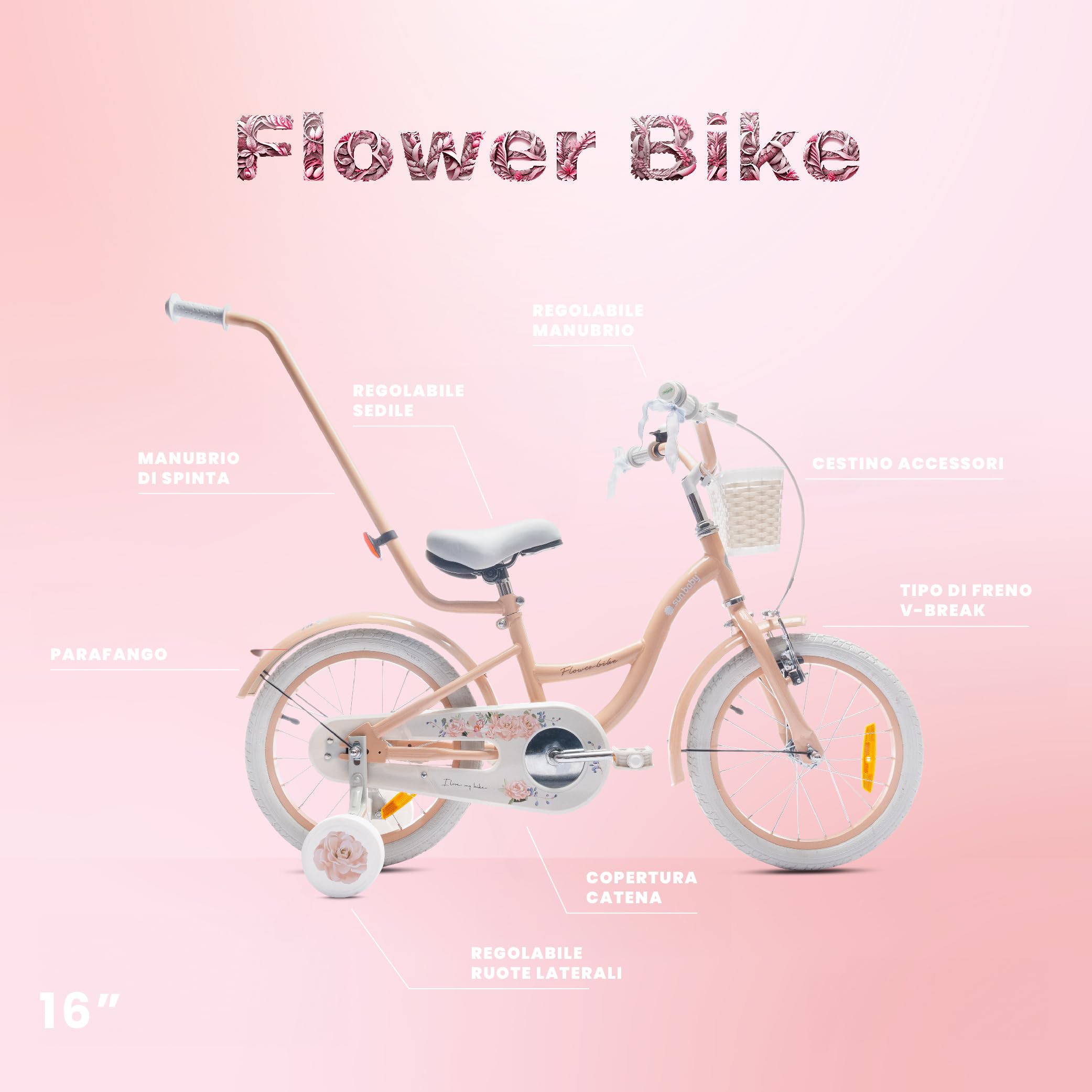 sun baby Flower Bike Bici bambina 12/14/16 pollici, bicicletta per bambini con rotelle, barra di spinta, cestino, campanello, freno contropedale e V-Brake