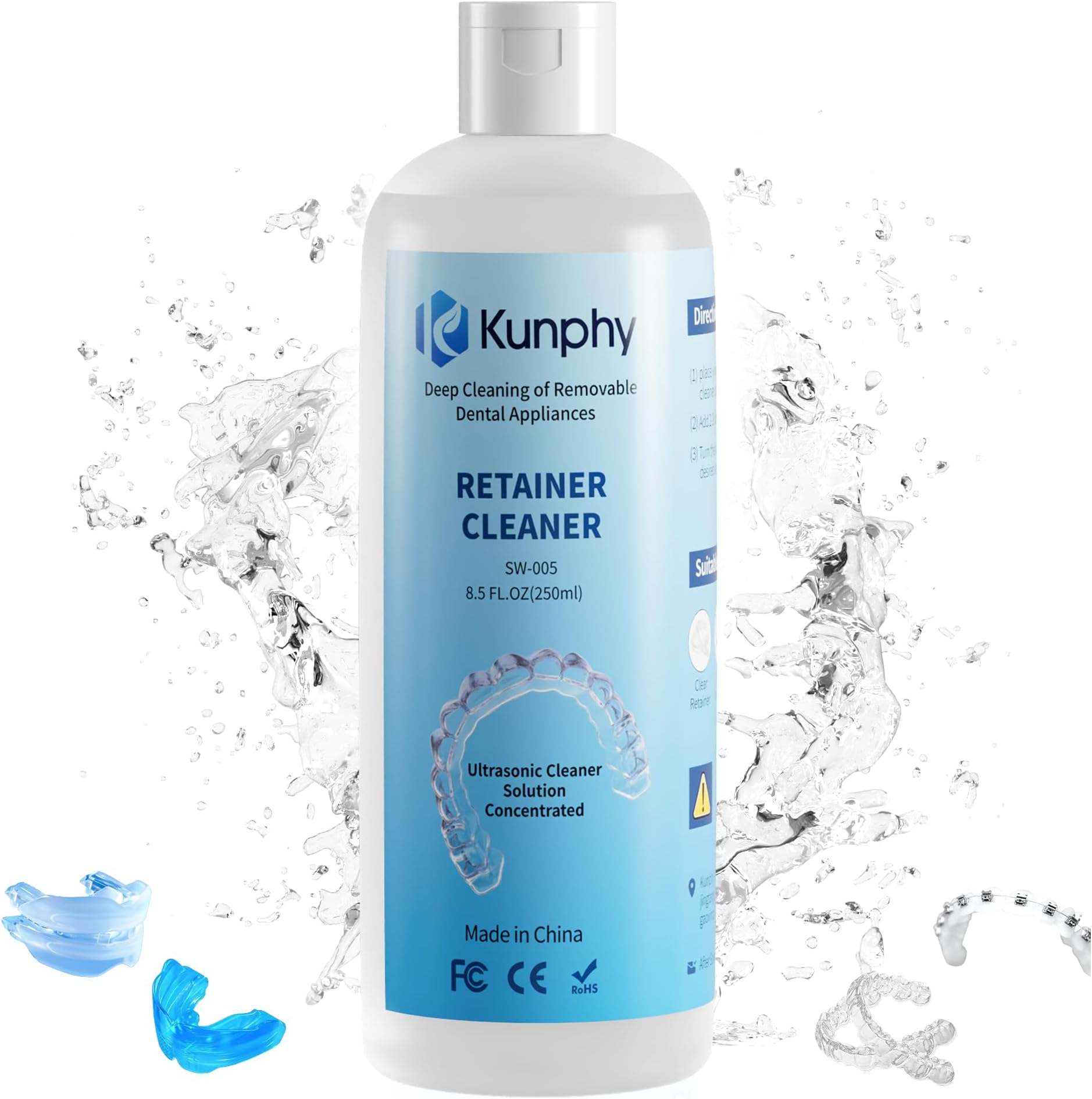 Ultrasonic Retainer Cleaner Solution for Ultrasonic Denture Cleaner-Professional Cleaning of Retainers, Invisible Aligners, Mouth Guards, Night Guards, Remove Odors, Discoloration & Stains 8.5oz