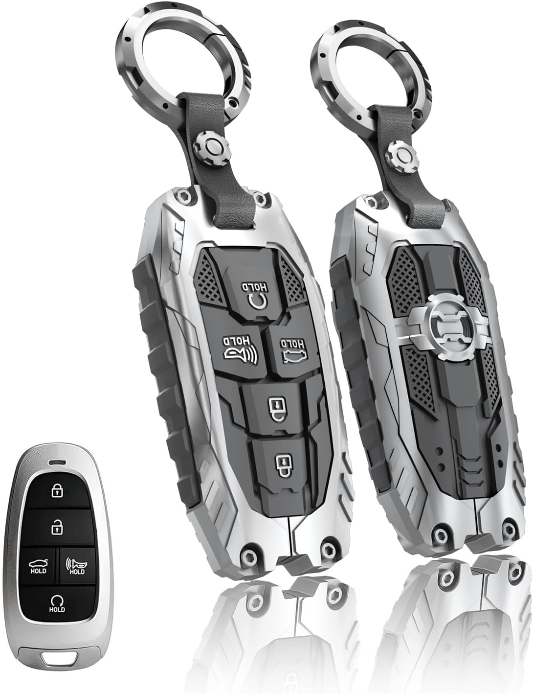 Heavy Key Fob Cover for Hyundai, Key Fob Case Protector Accessories Fits for 2022 2023 2024 2025 Hyundai Sonata Tucson Santa Cruz (5 Buttton-Silver)