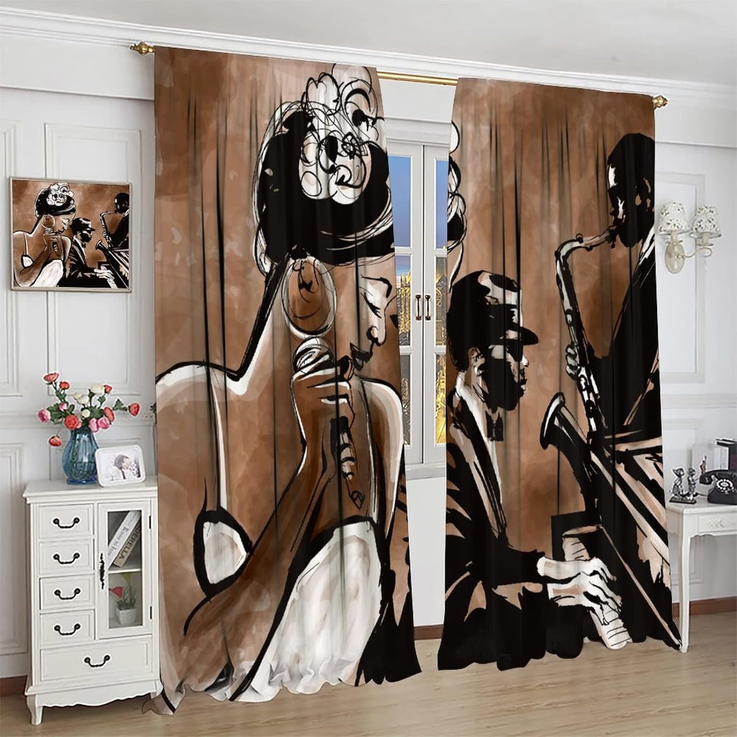Vintage Art African American Curtains, Mid Century Jazz Band Black Woman Singer Performer Pastel, Thermal Insulation Blackout Window Treatments Rod Pocket for Living Room Bedroom Bathroom 42x45in
