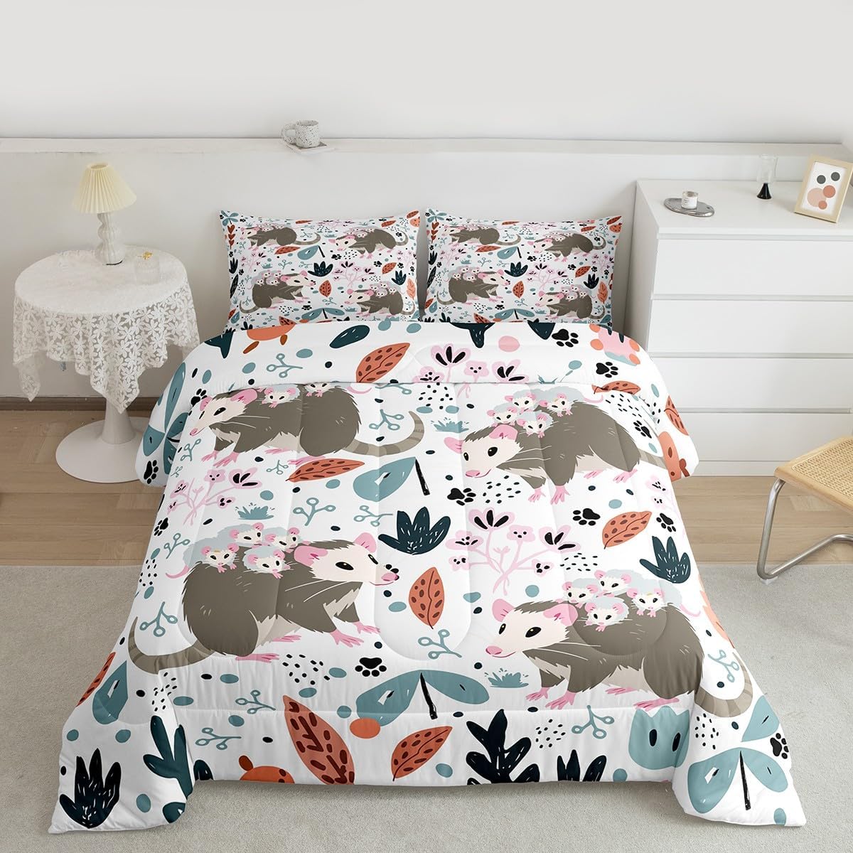 Feelyou Opossum Comforter Set Queen Size Kids Cute Animals Comforter Set for Boys Teens Kawaii Opossum Decor Bedding Set Breathable Floral Botanical Duvet Set Room Decor Quilt Set