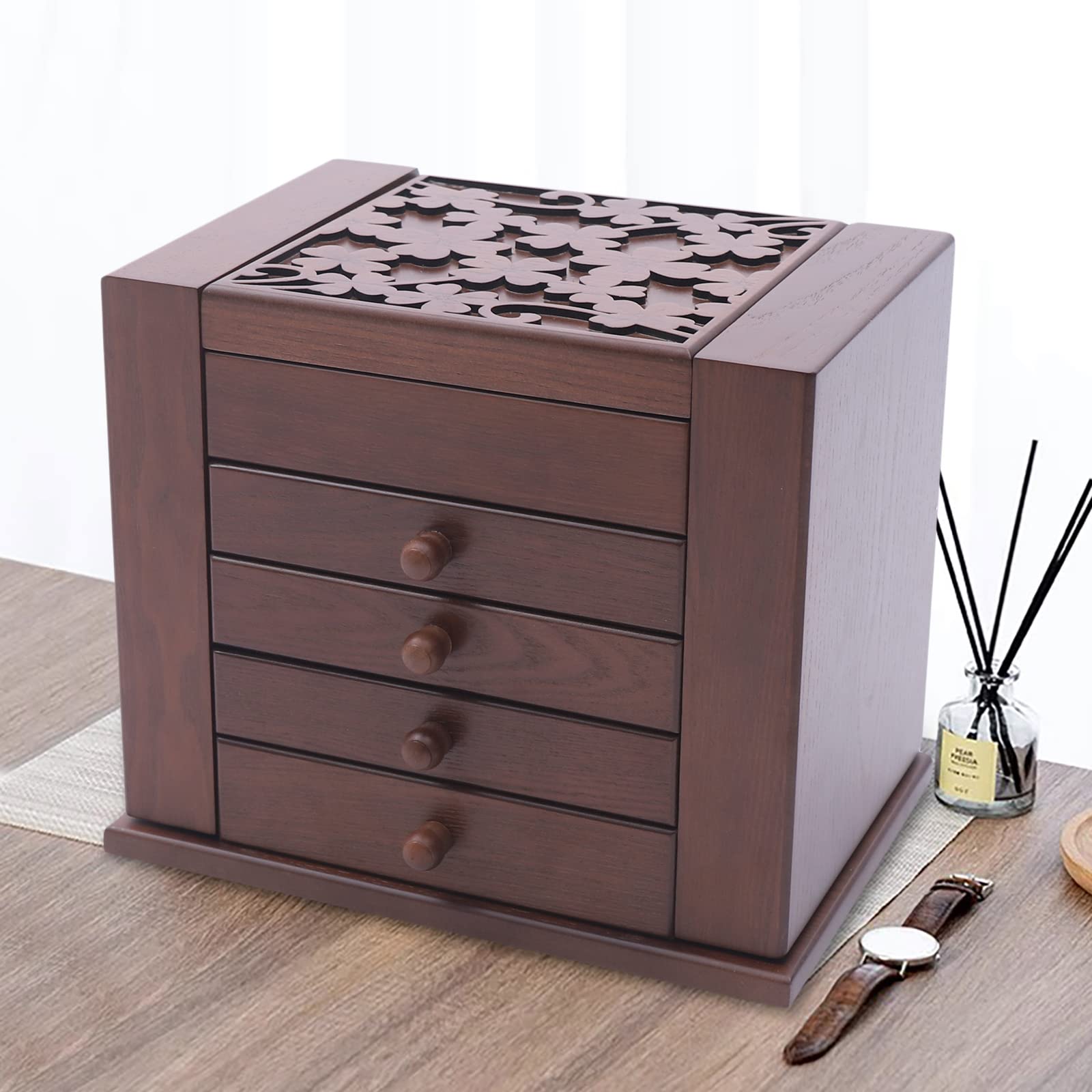 Organizer na biżuterię z 4 szufladami i lustrem – etui na biżuterię w stylu vintage na akcesoria, zegarki, pierścionki, kolczyki, naszyjniki