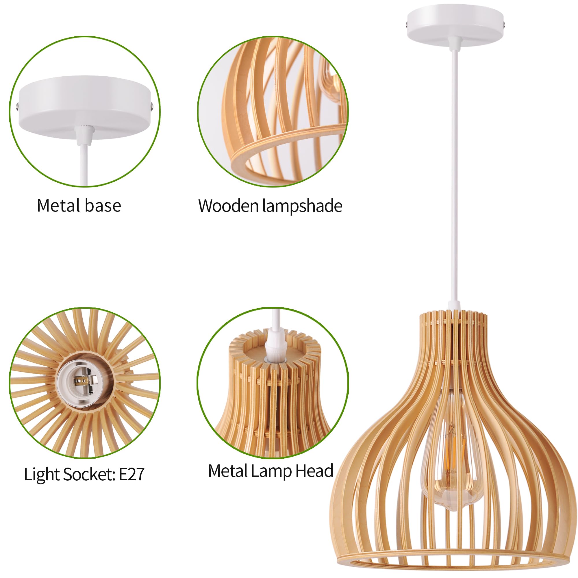 lampadario vintage legno, lampada a sospensione industriale dal design, lampada da soffitto retrò fatta a mano E27, altezza regolabile, soggiorno, sala da pranzo, camera, 60W, ø 23 cm, bianco