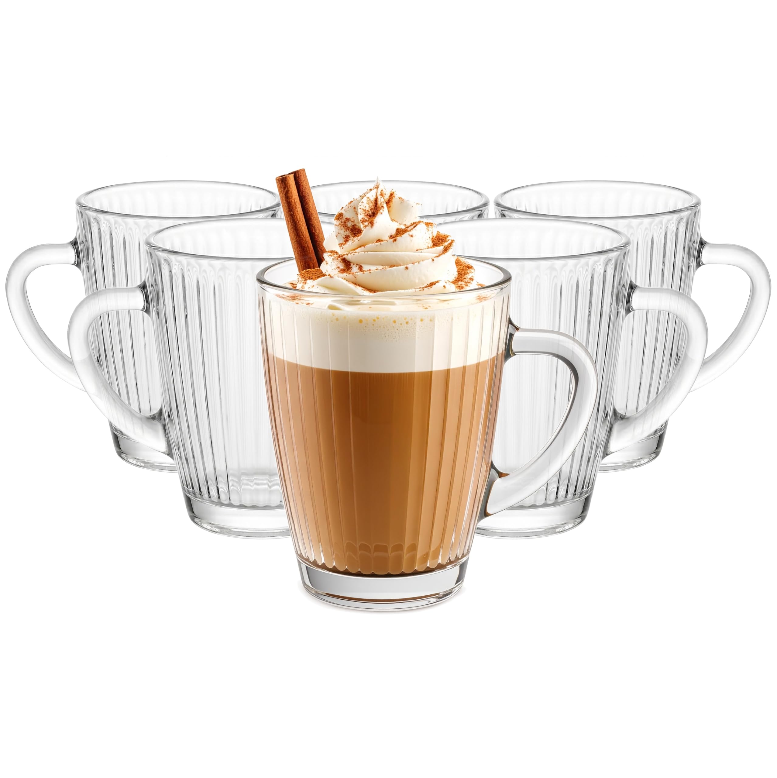 Glasmark KROSNO 1992 Glasses Set 250 ml - 6 Drinking Glasses with Handles - Ribbed Coffee Glasses for Cappuccino, Latte Macchiato, Tea and Matcha - Dishwasher Safe