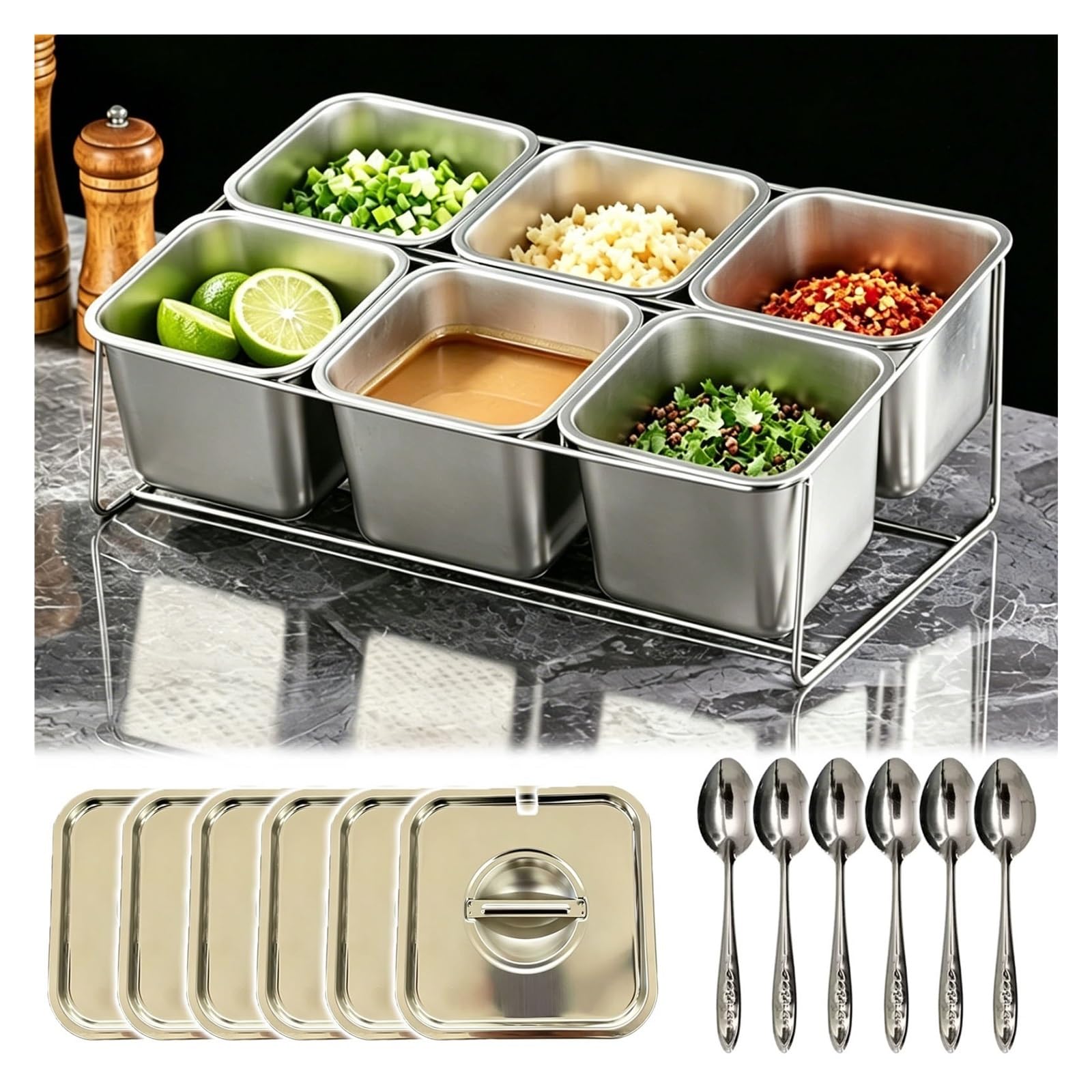 Tyzlup Commercial Condiment Station 304 Stainless, 8 Compartment Food Prep Station with Removable Pan Rack, Topping Bar for Kitchen Buffet Salad Pizza