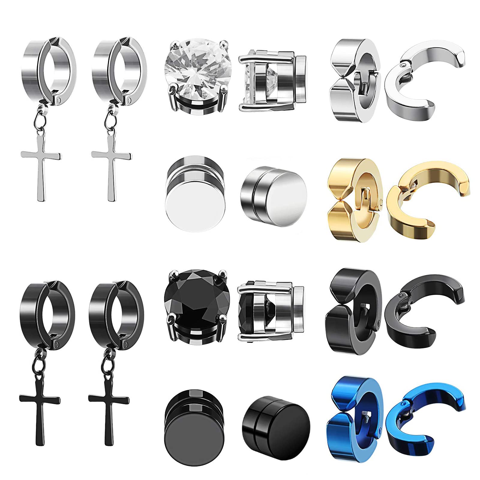 Weinsamkeit Pendientes sin Agujero, Weinsamkeit 10 Pares de Aretes Magnéticos Unisex con CZ, Aro Cruzado sin Perforar, Aretes Pequeños Redondos Estilo Hip-hop (8 mm)