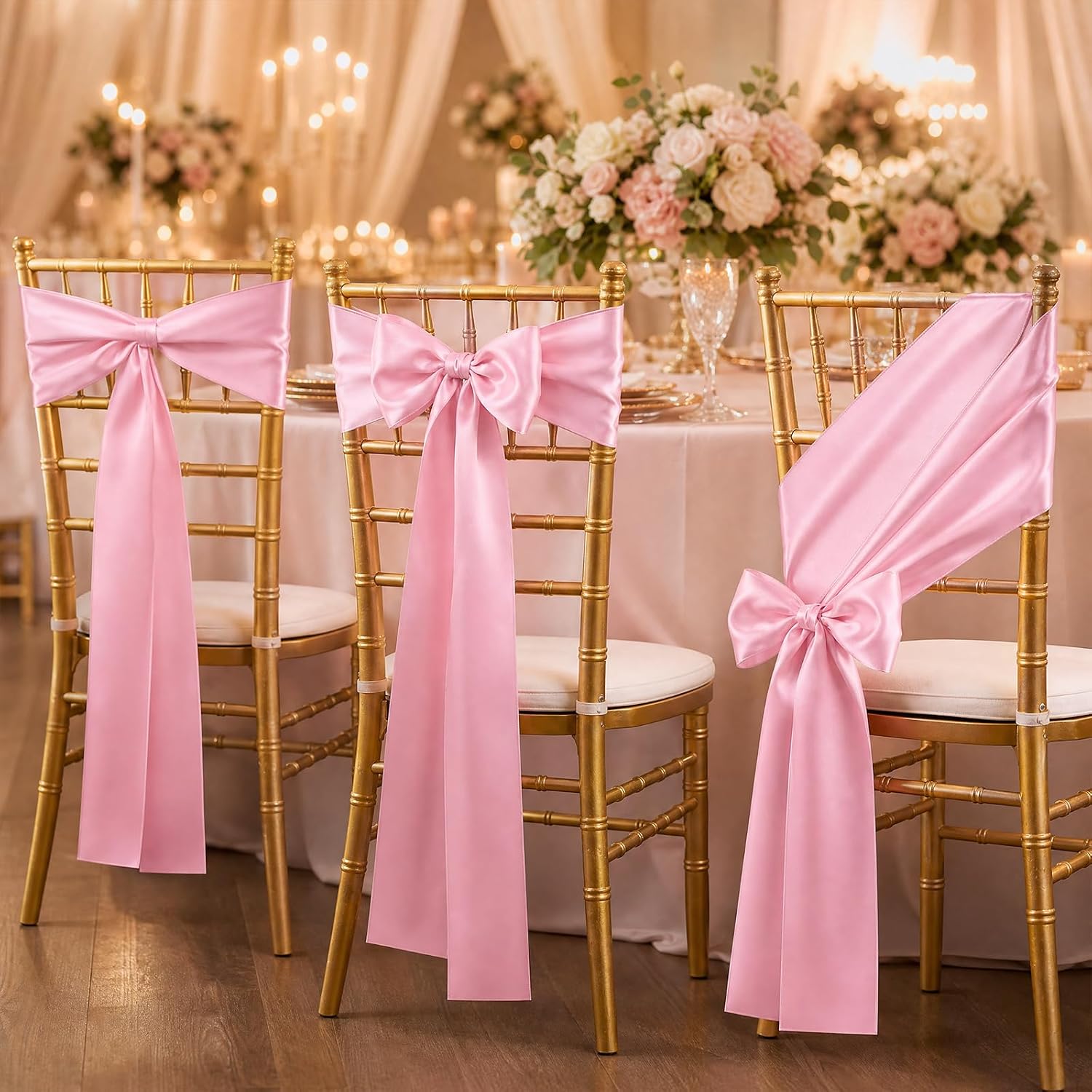 50 PCS Pink Satin Bows Chair Sashes - Universal Chair Cover for Wedding Chair Decorations, Events, Banquets, and Hotel Decor(6 x 108 inches