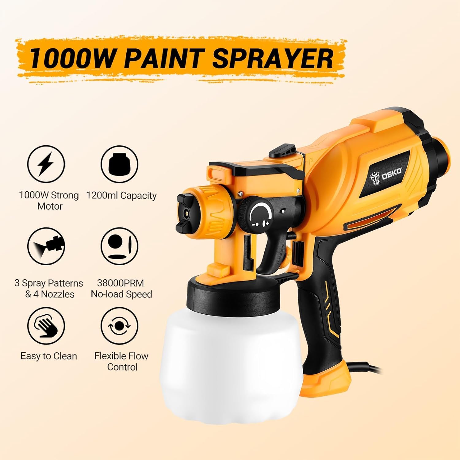 Paint Sprayer :DEKOPRO 1000W HVLP High Power Paint Gun with 1200ml High Capacity Container, Easy to Clean,for House Painting, Furniture, Cabinets, Fence, Walls, Door, Garden Chairs etc - 2