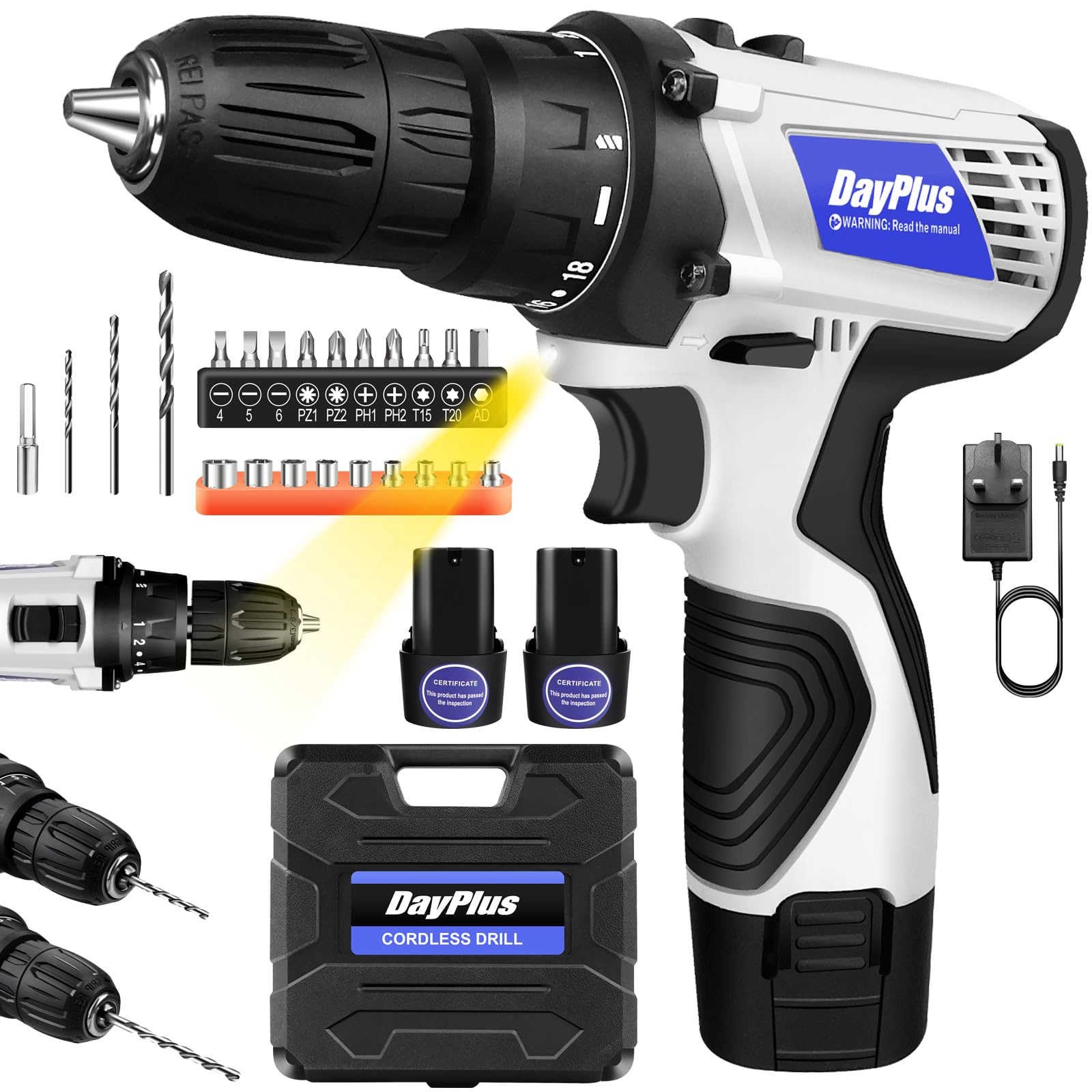 Mini Cordless Drill Driver Kit w/ 2 Li-ion Batteries, 12V Electric Screwdriver Driver Tool Kit with LED Work Light, Max Torque 45 N.m, 3/8 Inch Keyless Chuck, 18+1 Position, Dual Speed 0-400/1400rpm