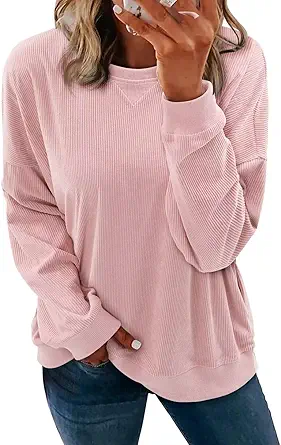KISSMODA Womens Casual Long Sleeve Sweatshirts Color Block/Solid Tops Corduroy Crewneck Tunic Pullover with Pockets