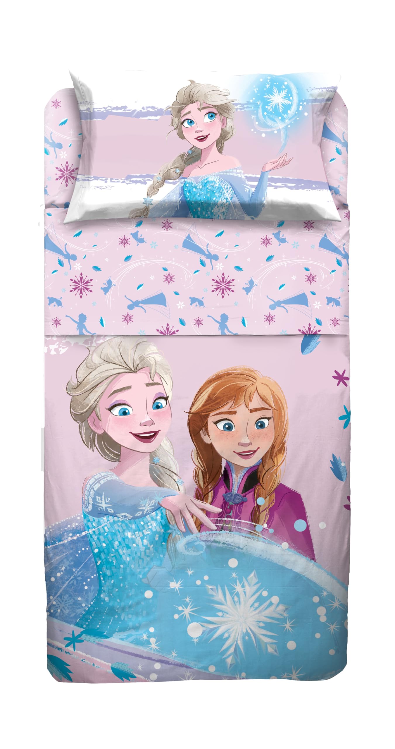 hermet Bettwäsche-Set für Einzelbett, Motiv: Die Eiskönigin, 100% Baumwolle, Bettwäsche-Set für Einzelbett, Bettdecke, Oberlaken mit Klappe, Spannbettlaken + Kissenbezug