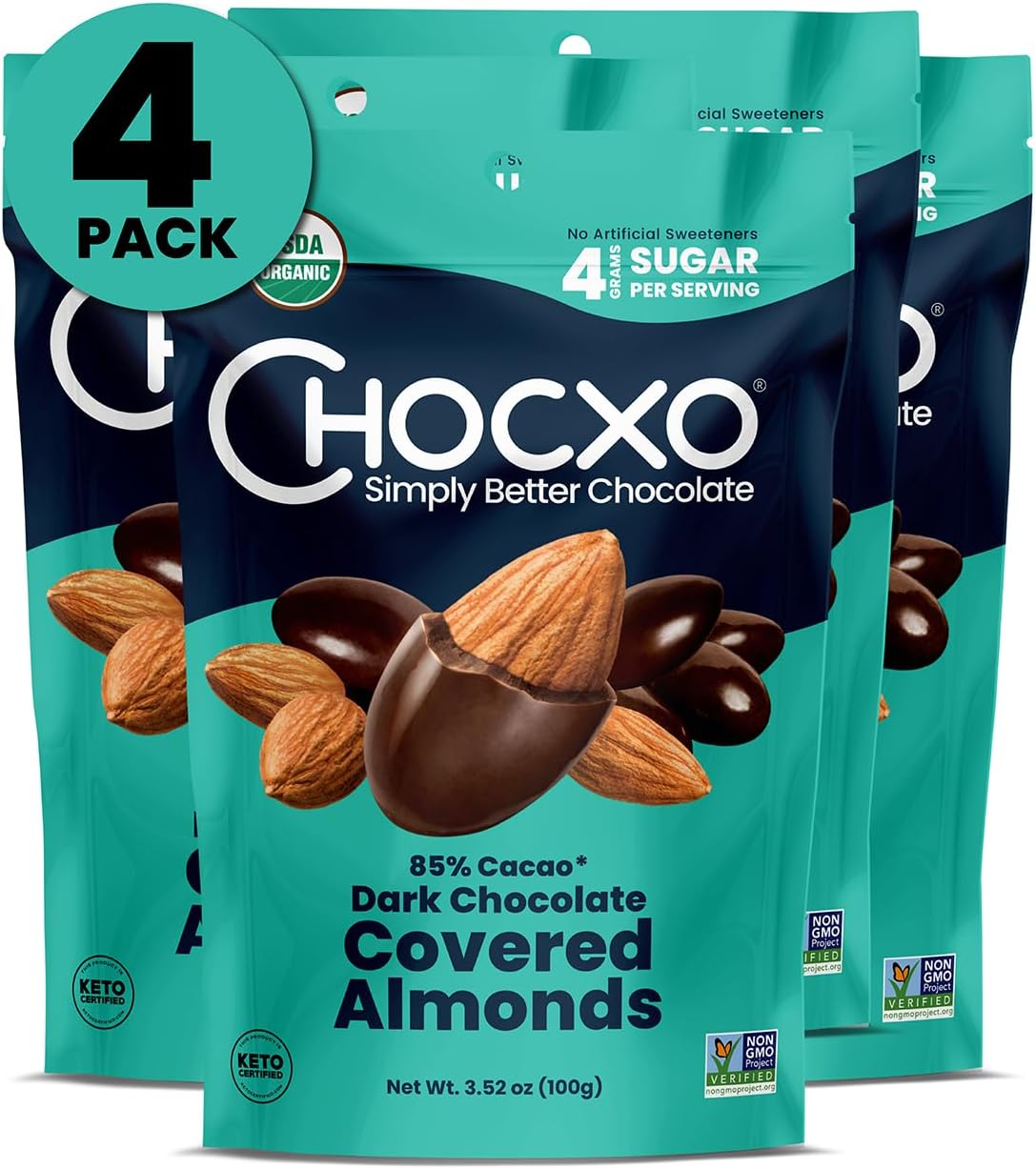 ChocKETO Dark Chocolate Covered Almonds | Keto Certified, Low Sugar and Kosher | Sustainably Sourced 85% Cacao, 100 g (4-Pack)