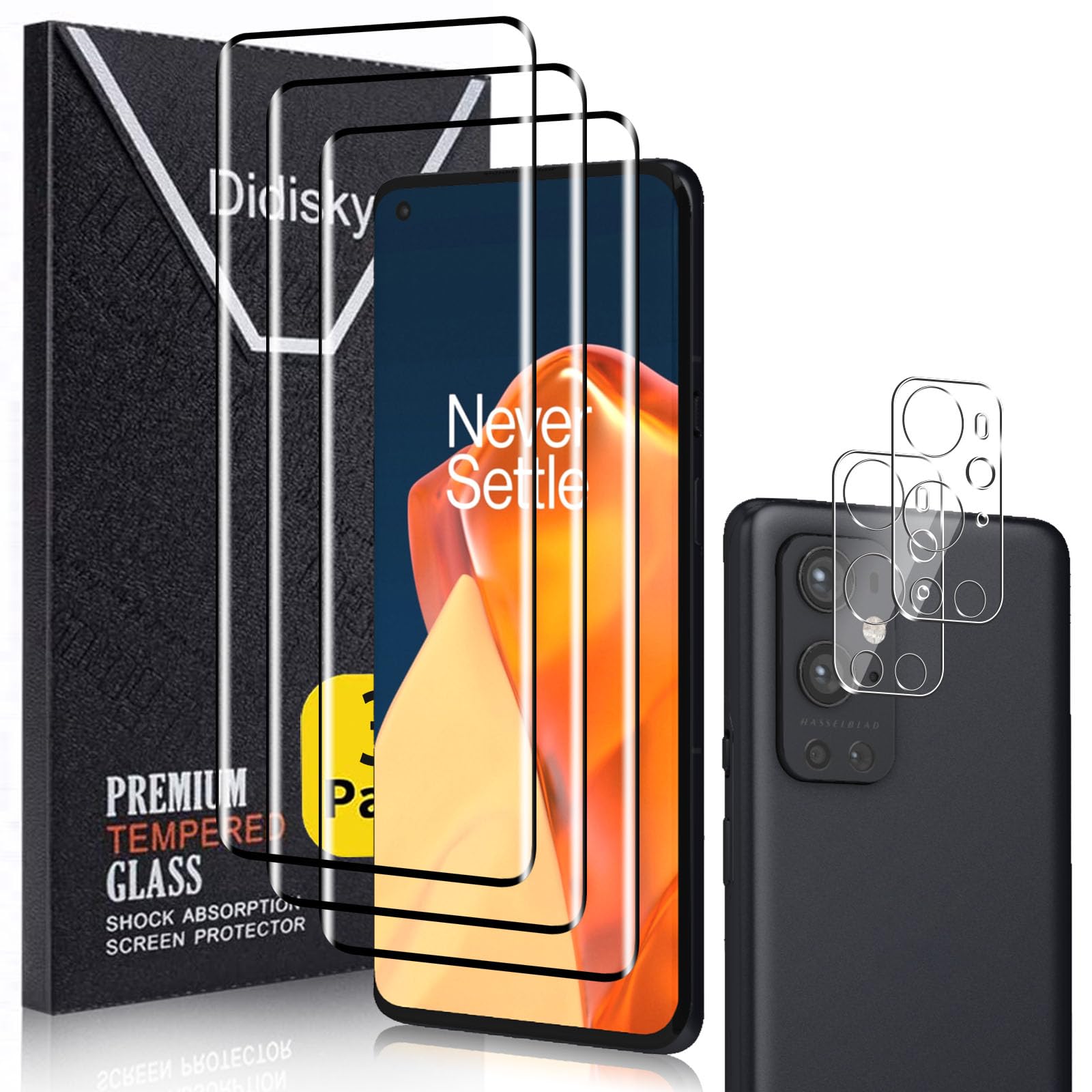Didisky Screen Protector for Oneplus 9 Pro, 3 Pack Tempered Glass Film with 2 Pack Camera Lens Protector, 9H Hardness,Easy to Use,Scratch-Resistant,3D Curved Full Coverage
