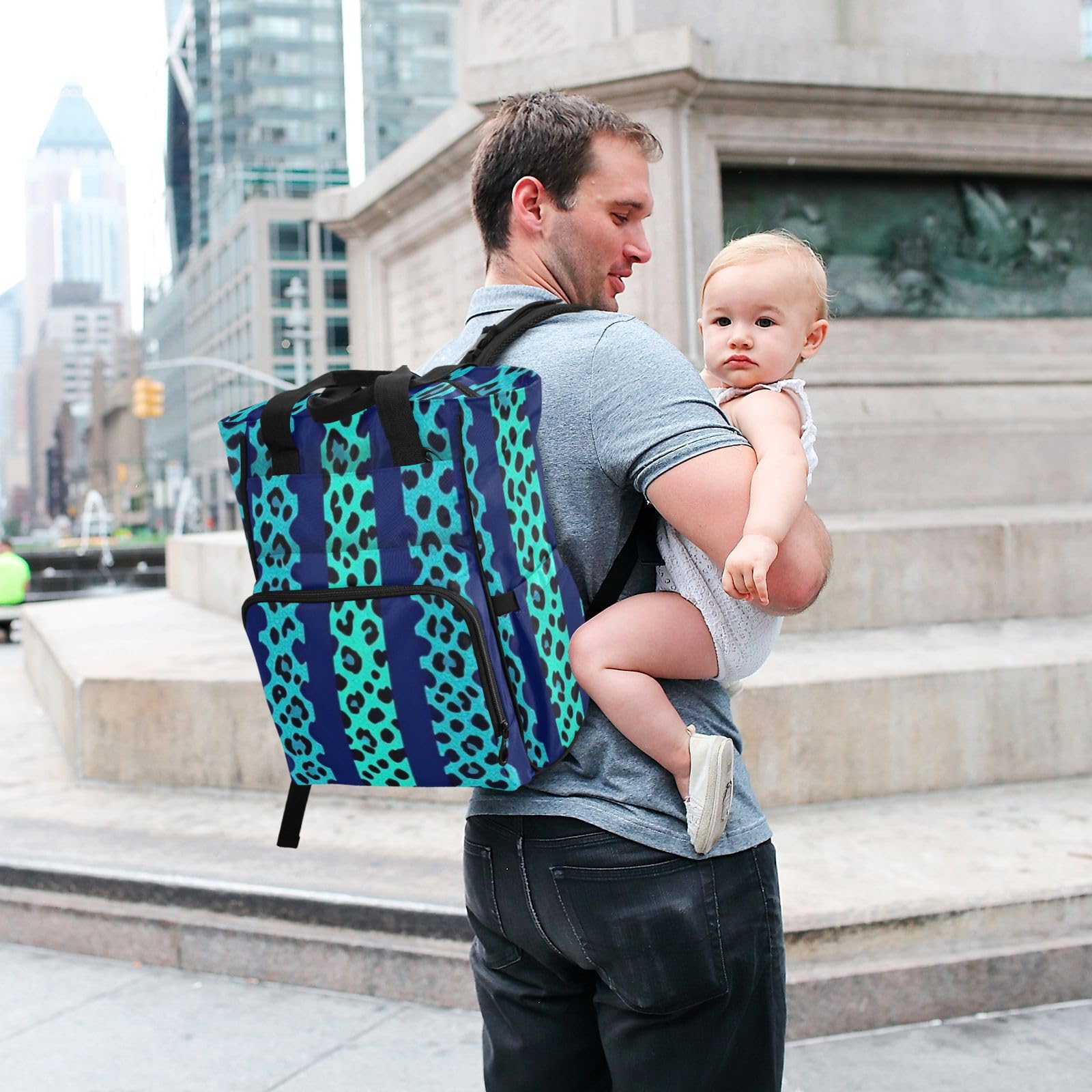 Borsa per pannolini zaino da donna Neon Teal Blue Leopard Print
