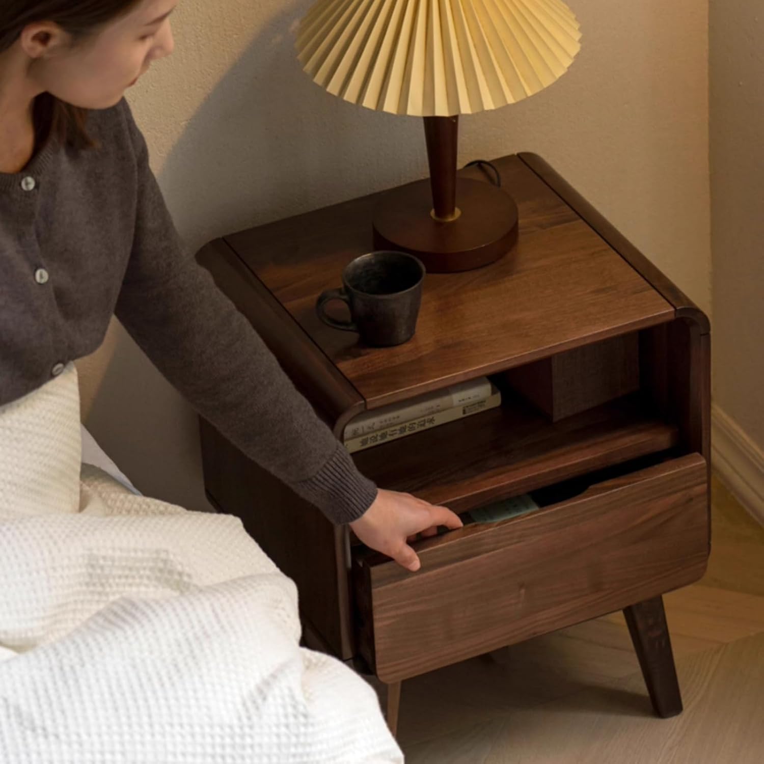 Walnut Nightstand Solid Wood Night Stand, Dark Wood Nightstands with 2 Drawers and Open Shelf, Mid Century Modern Nightstand, Wooden End Table, Walnut Bedside Table for Bedroom(23.23" H) Walnut-Two Drawers-1