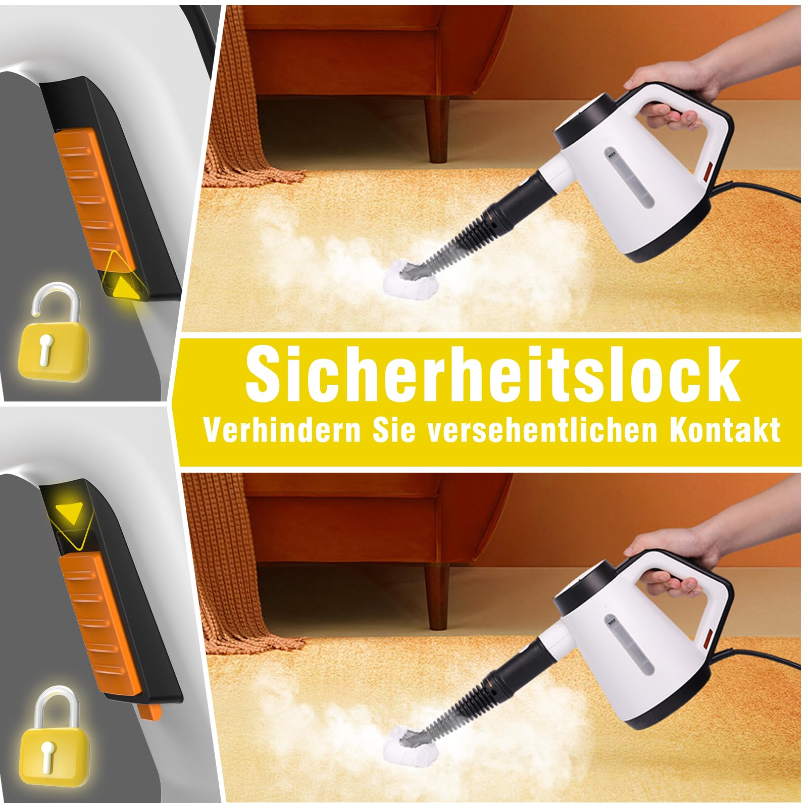 Fippesax Handheld Dampfreiniger, 400ml Druck Mehrzweck-Dampfreiniger mit 9-teiligem Zubehör (Weiß)