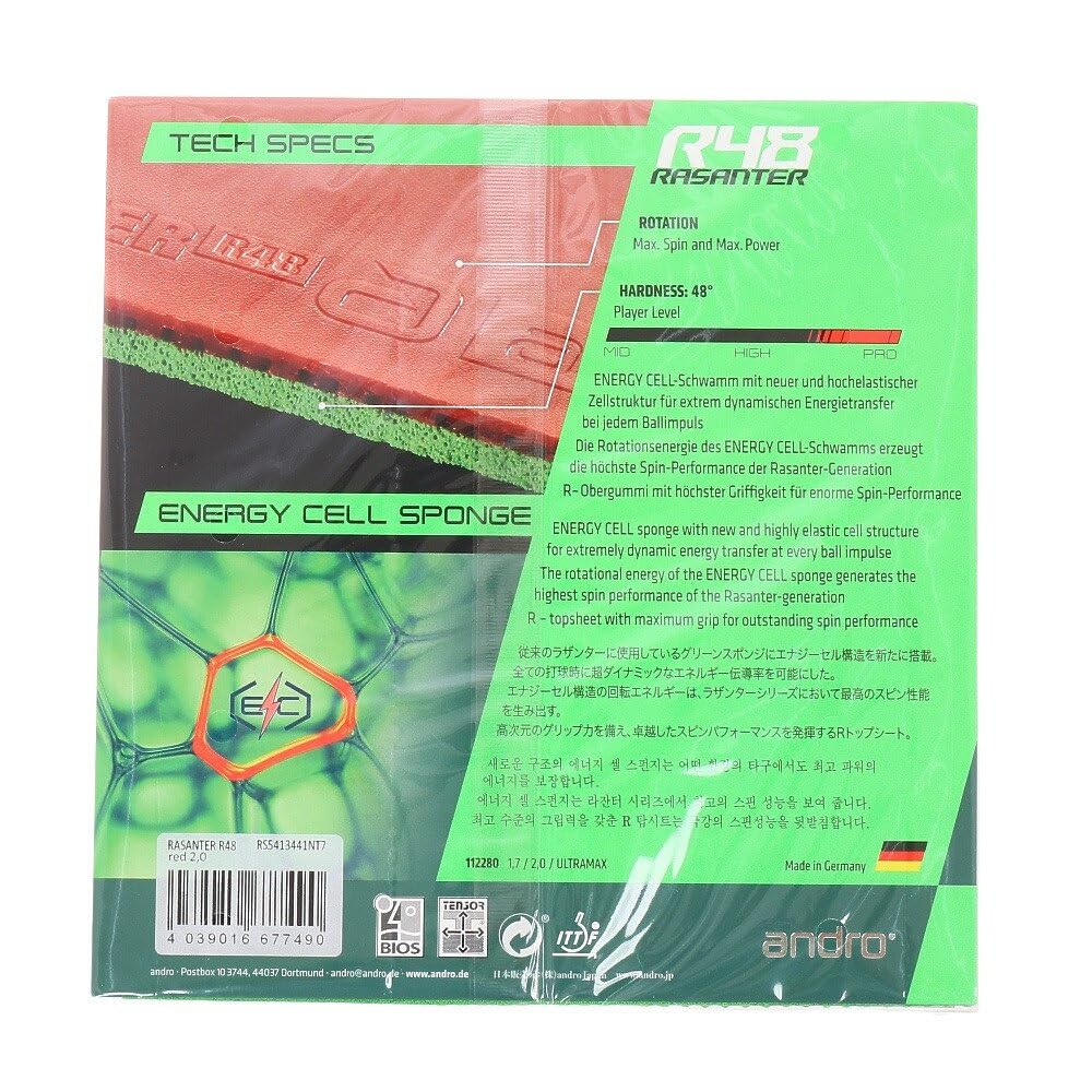 Andro Japan 112280 Table Tennis, Soft Rubber Back Razanter R48, Red, Size/ULTRAMAX