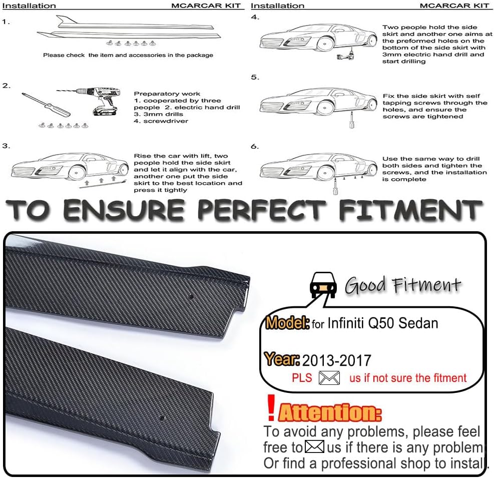 Carbon Fibe Side Skirts Fits for Infiniti Q50 Sedan 2013-2017 Side Skirts Extension Bottom Line Rocker Panels Fatory