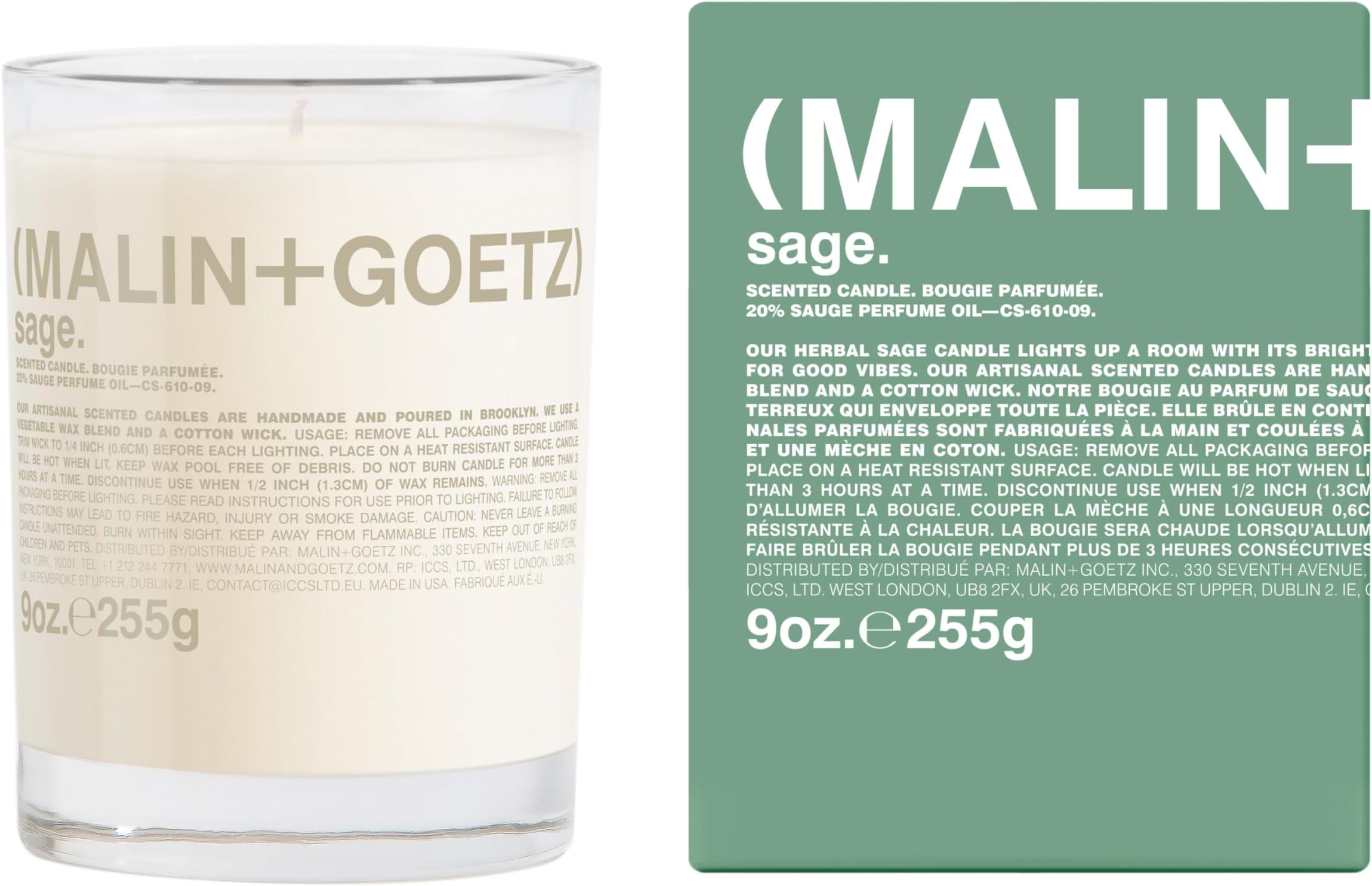 MALIN+GOETZ Sage Candle 255g - Luxury Scented Candle with Natural Wax Blend, Cotton Wick & 60 Hour Slow Burn - Eucalyptus, Orange, Sage, Lavender, Cedarwood, Moss & Leather Home Fragrance