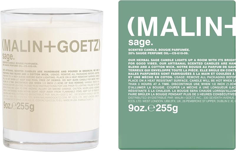 MALIN+GOETZ 9oz Scented Candle | Hand-Poured Soy Wax with Unique Fragrance Blends | Clean-Burning, Vegan & Cruelty-Free | Bergamot, Sage, Otto, Tomato, Strawberry, Cannabis, Dark Rum & Leather