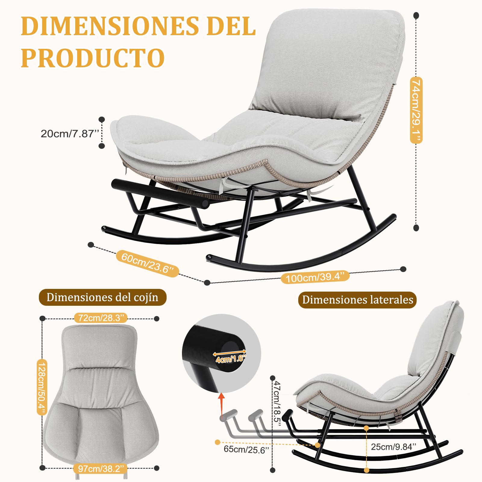 NJUN Mecedora de Exterior, Sillón Relax de Jardín de Poliratán con Cojín Extraíble y Reposapiés Extensible, Sillas Mecedoras Ergonómico para Sala de Estar, Balcón, Jardín y Terraza