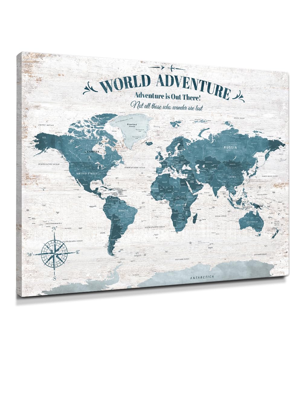 IPIC Vintage Teal World Maps for Wall, World Map Canvas, Size 40x30 in